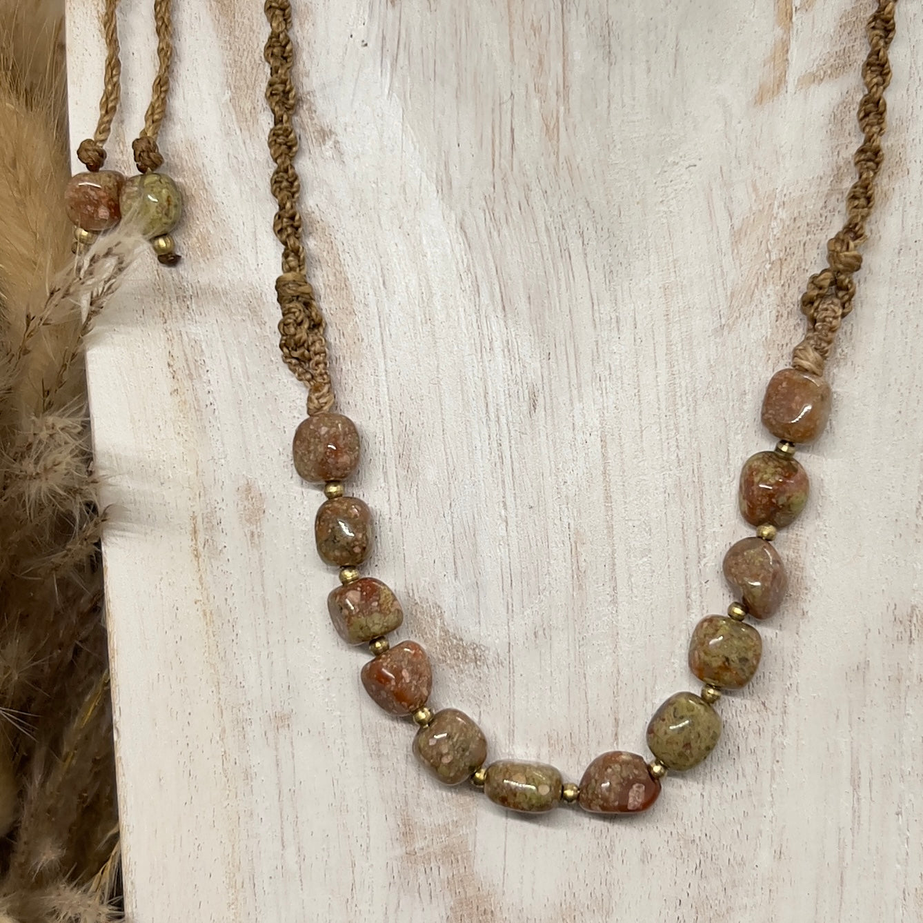 Unakite & Brass Panel Crystal Necklace