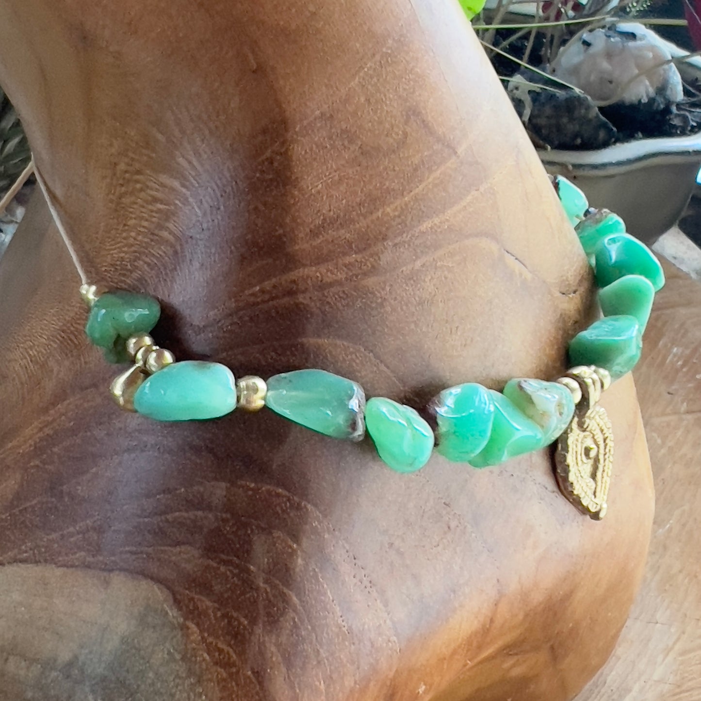 Lush Chunky Chrysoprase with Brass charm Crystal Necklace