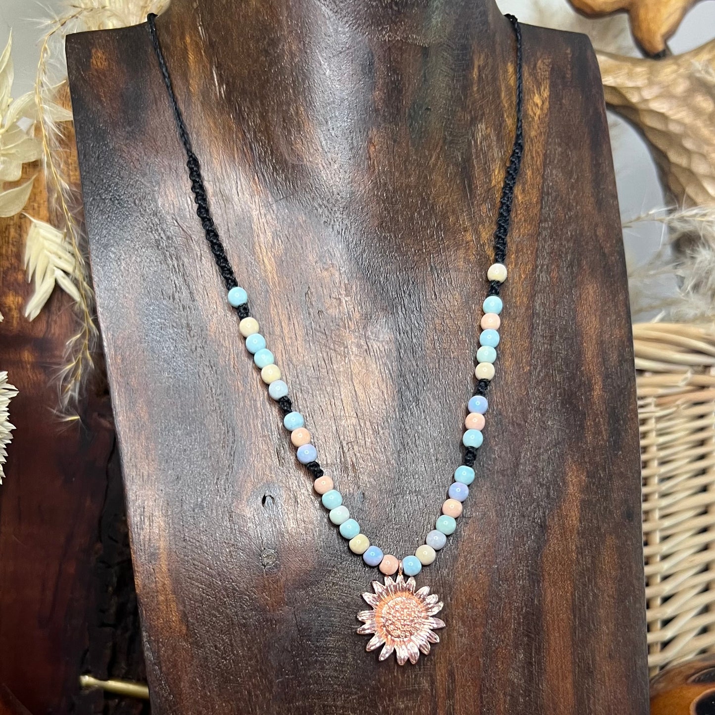 Alashan Agate with Rose Gold Sunflower charm Crystal Necklace