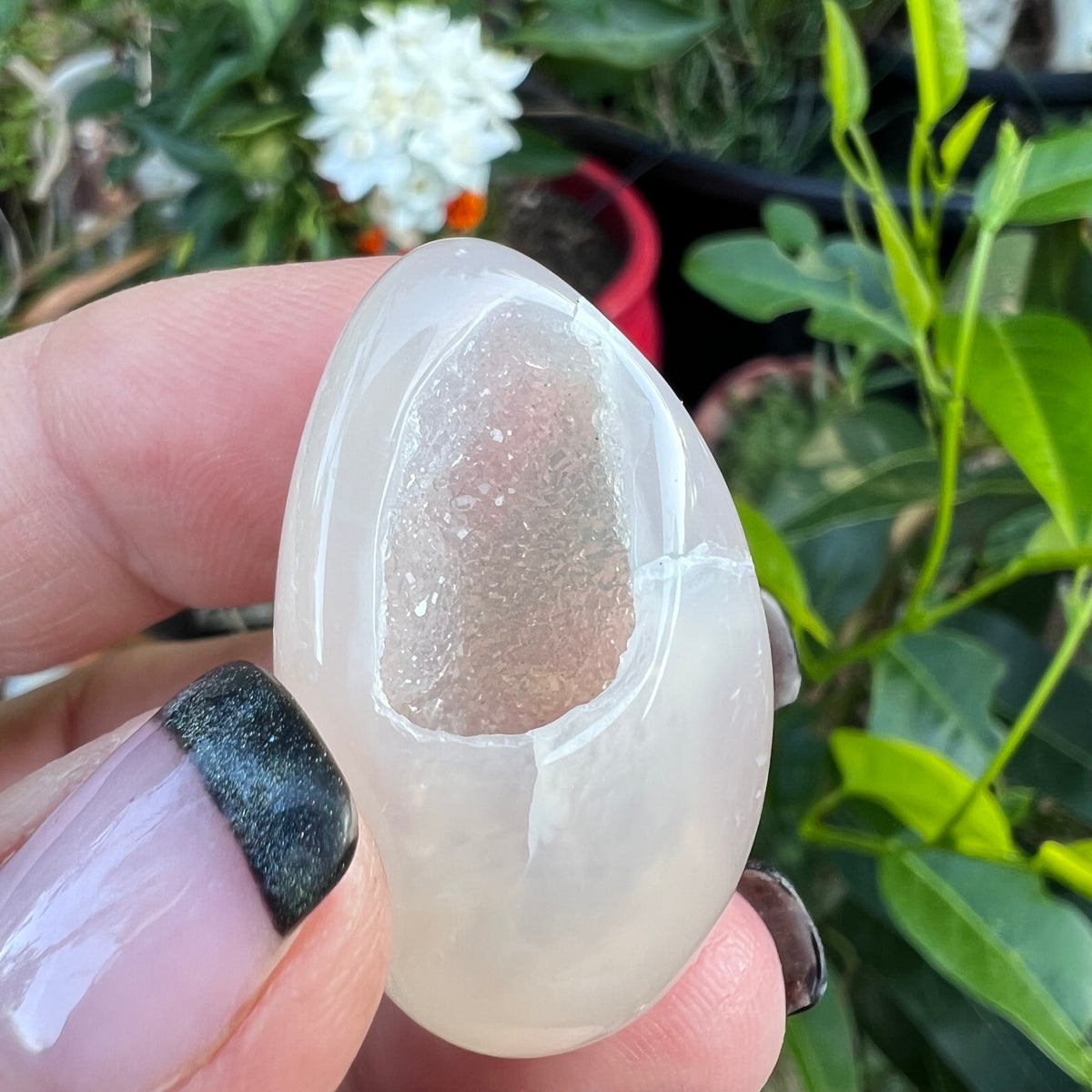 Highly polished clear Agate tumblestone egg with stunning druzy pocket right through 