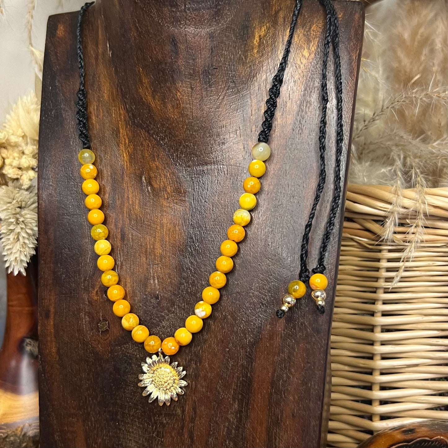 Gold Plated Sunflower Pendant with Agate Crystal Necklace