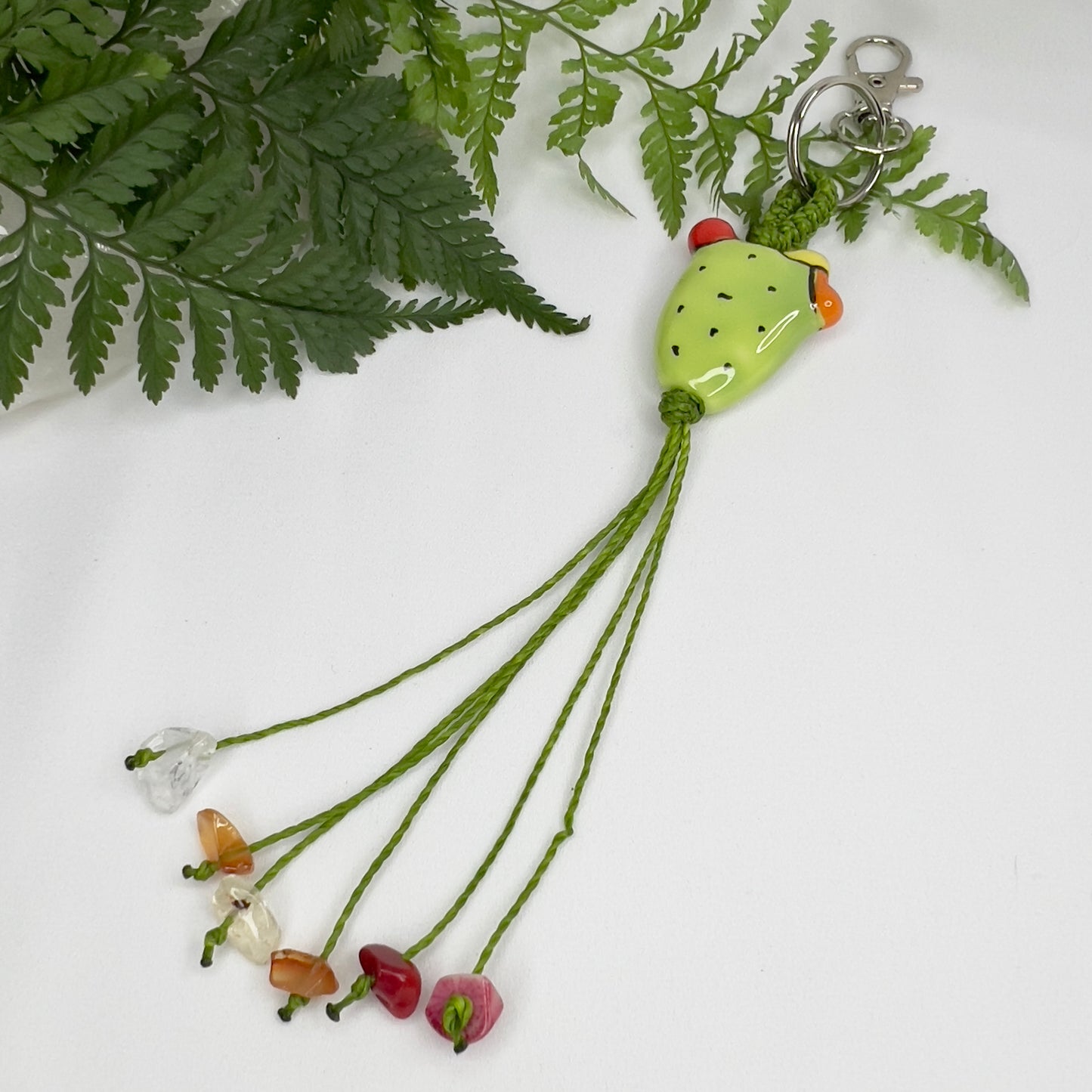 Ceramic Cactus & Crystal Macrame Keyring | Citrine, Carnelian & Coral Crystal Charm