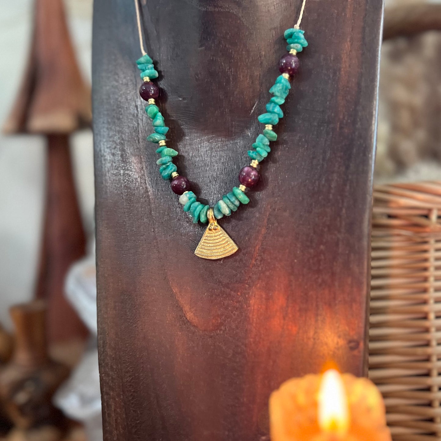 Amazonite & Dyed Agate with Brass charm Layer Crystal Necklace: