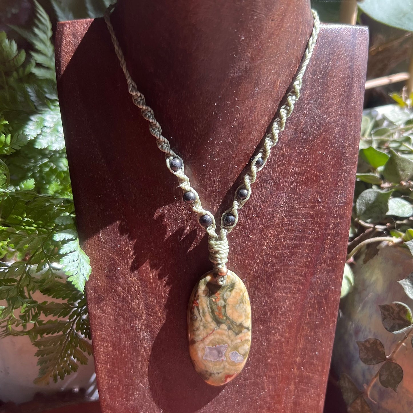 Rainforest Rhyolite Macrame Crystal Necklace