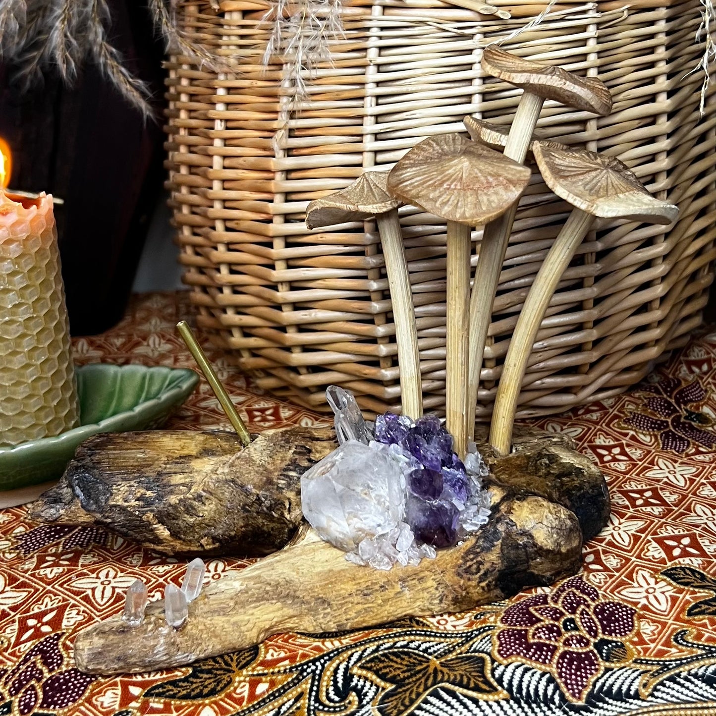 Bespoke Crystal & Wooden Burl Mushroom Incense Stick Holder - Amethyst | Quartz | Rose Quartz
