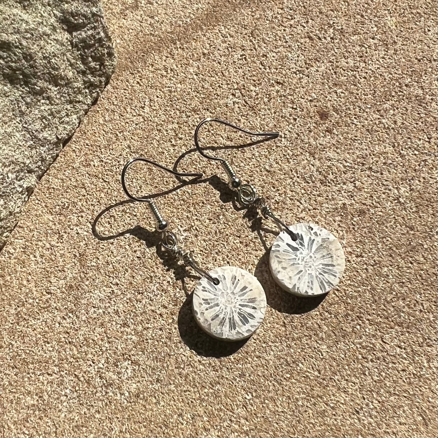 Polished Coral Fossil Crystal Earrings