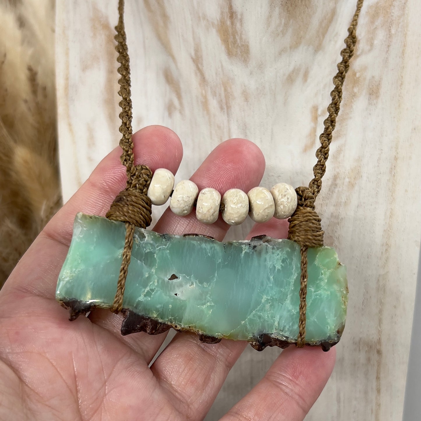 Chrysoprase and Fossilized Bone Taslisman Necklace