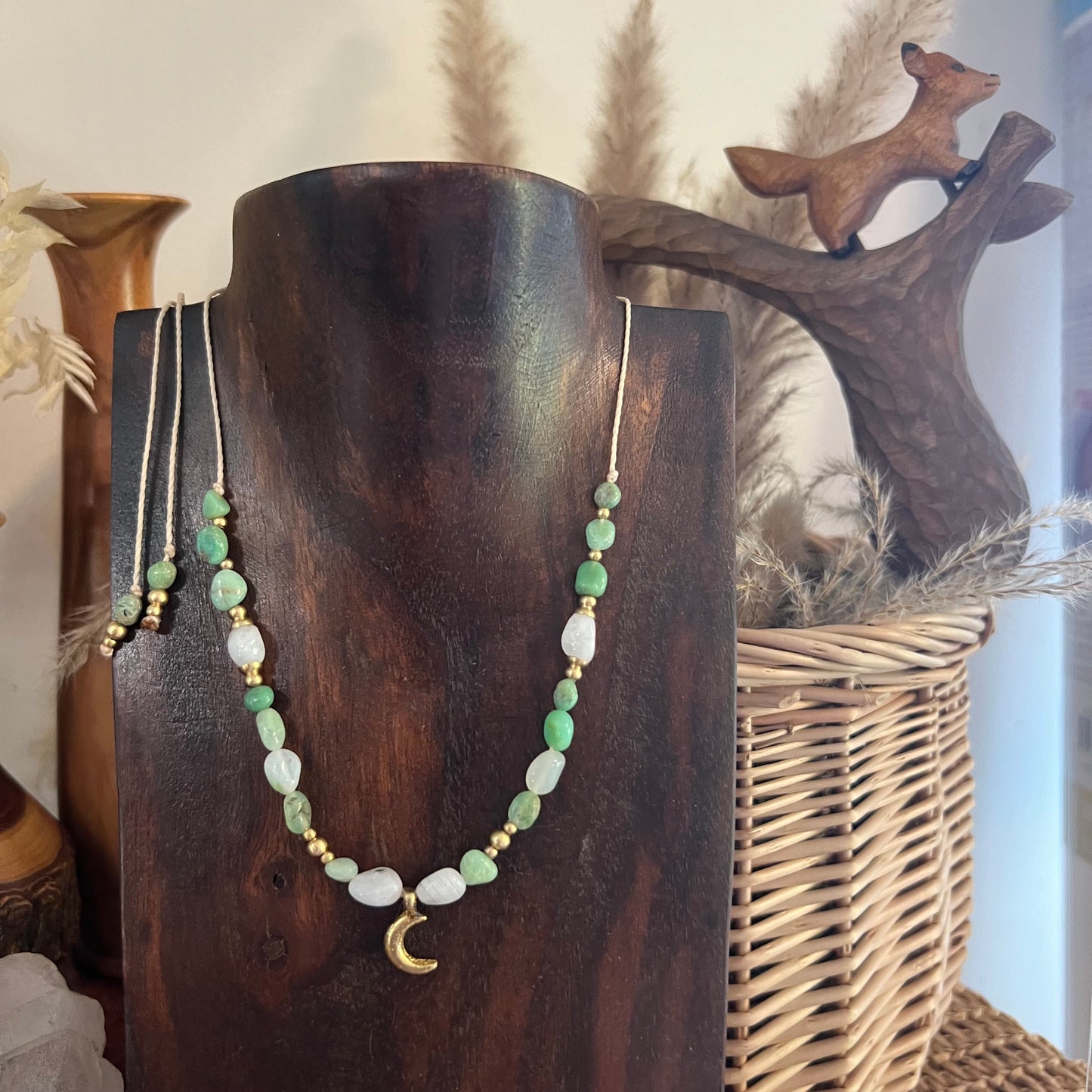Chrysoprase with Rainbow Moonstone and Brass charm Crystal Necklace