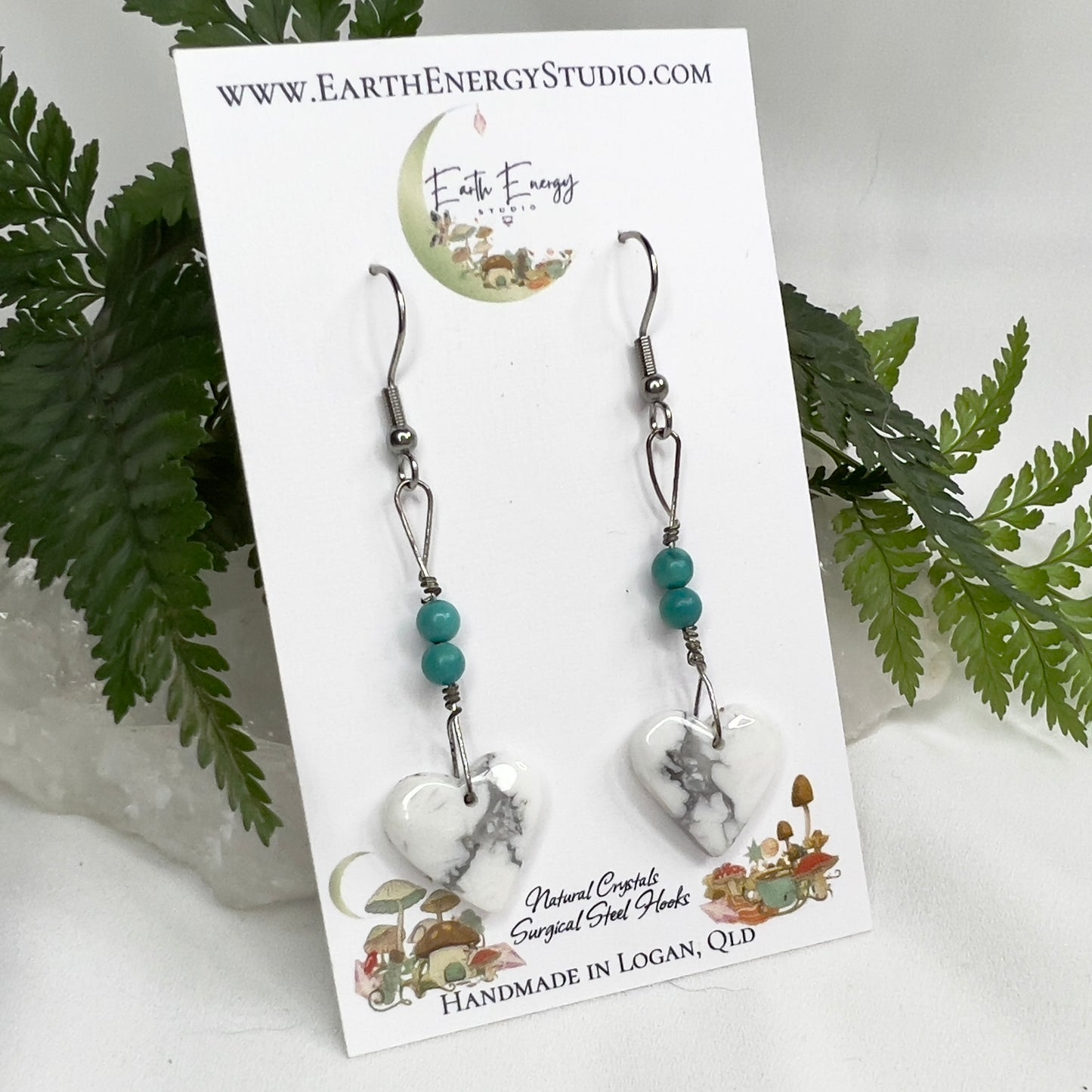 Howlite Heart Crystal Earrings: Patience ∙ Quiet the Mind ∙ Soothes Stress