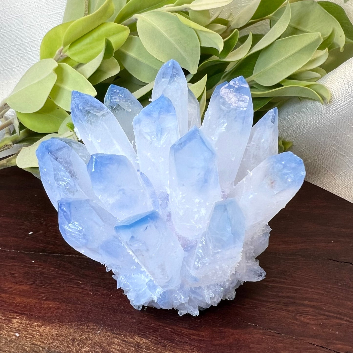 Blue tipped Clear Quartz Synthetic Crystal Cluster - Lab grown Dumortierite inclusion Quartz specimen