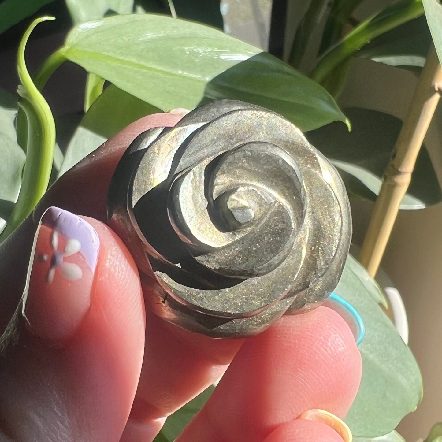 Golden tone Pyrite Rose Carving