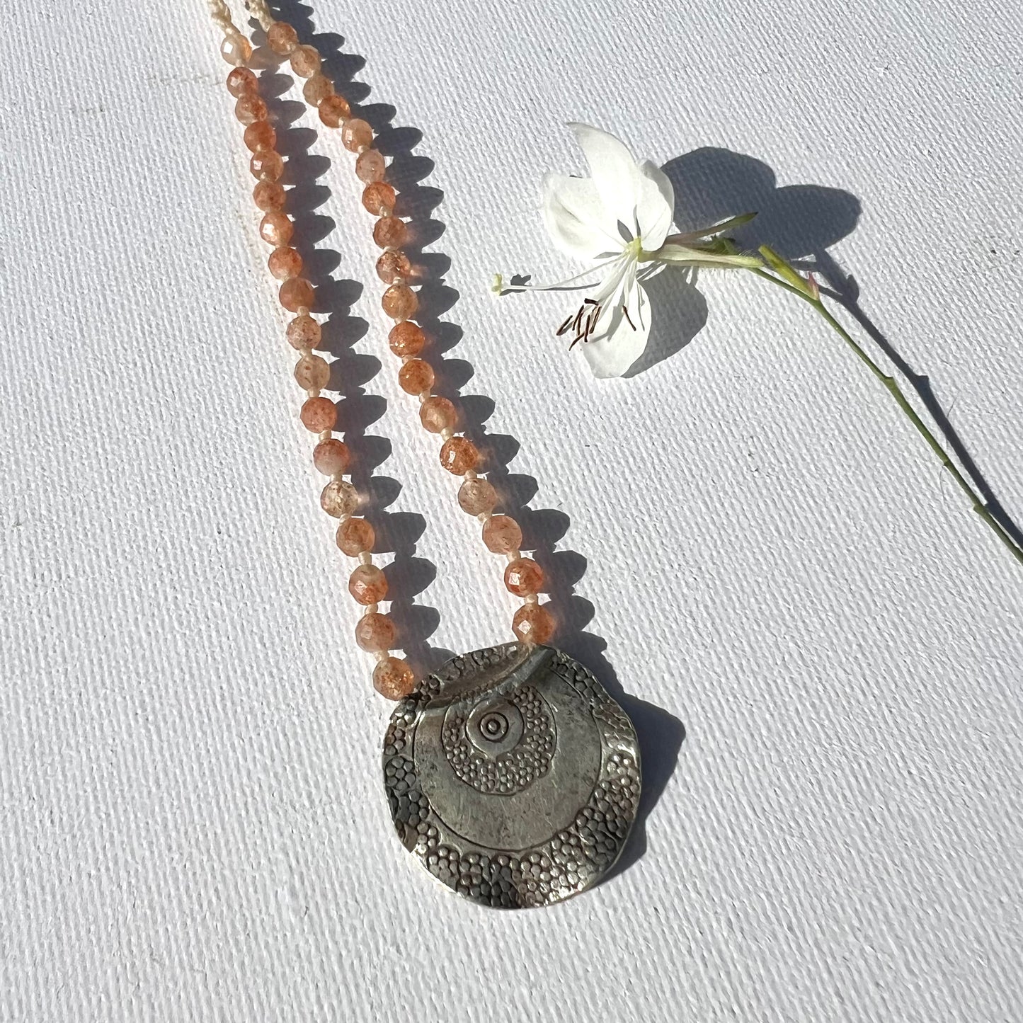 Faceted Sunstone beaded Macrame Necklace with Karen Hill Tribe Silver Tribal Pendant