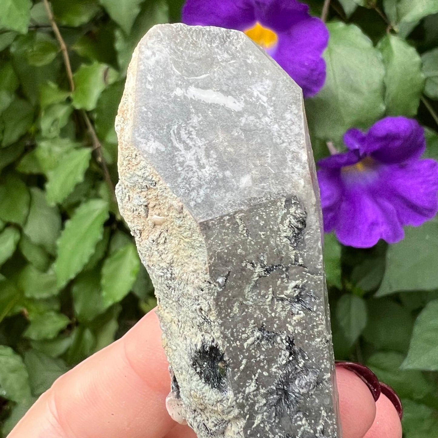 Inner Mongolian Quartz Point with Calcite, Specular Hematite, Hedenbergite and Iron Ore inclusions