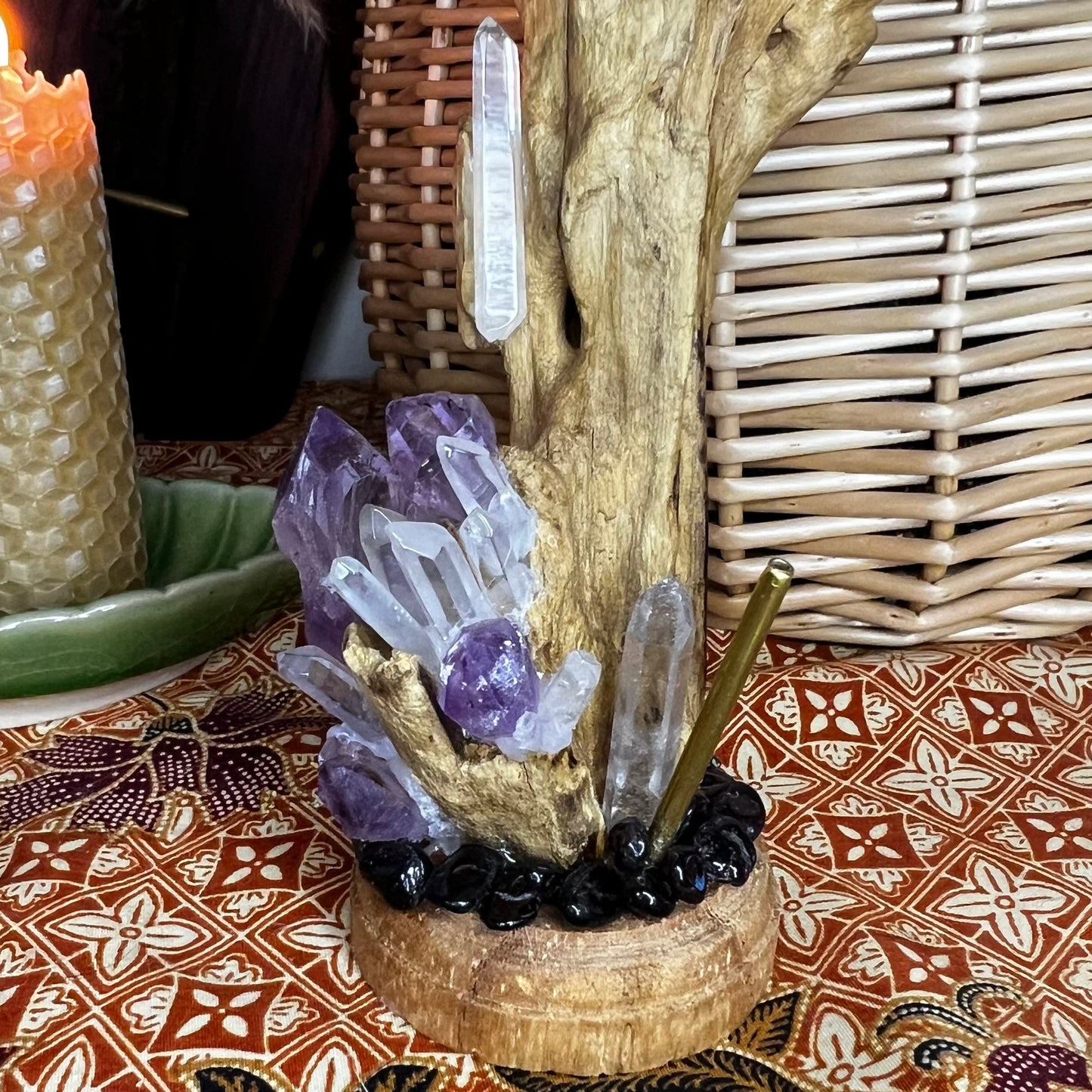 Bespoke Crystal & Natural Wooden Golden Winged Dragonfly Stick incense Holder - Amethyst | Quartz | Garnet