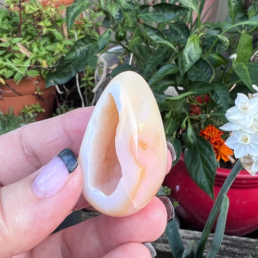 Polished Apricot/Yellow Flower Agate Geode Egg with Crystalline Druzy Cave