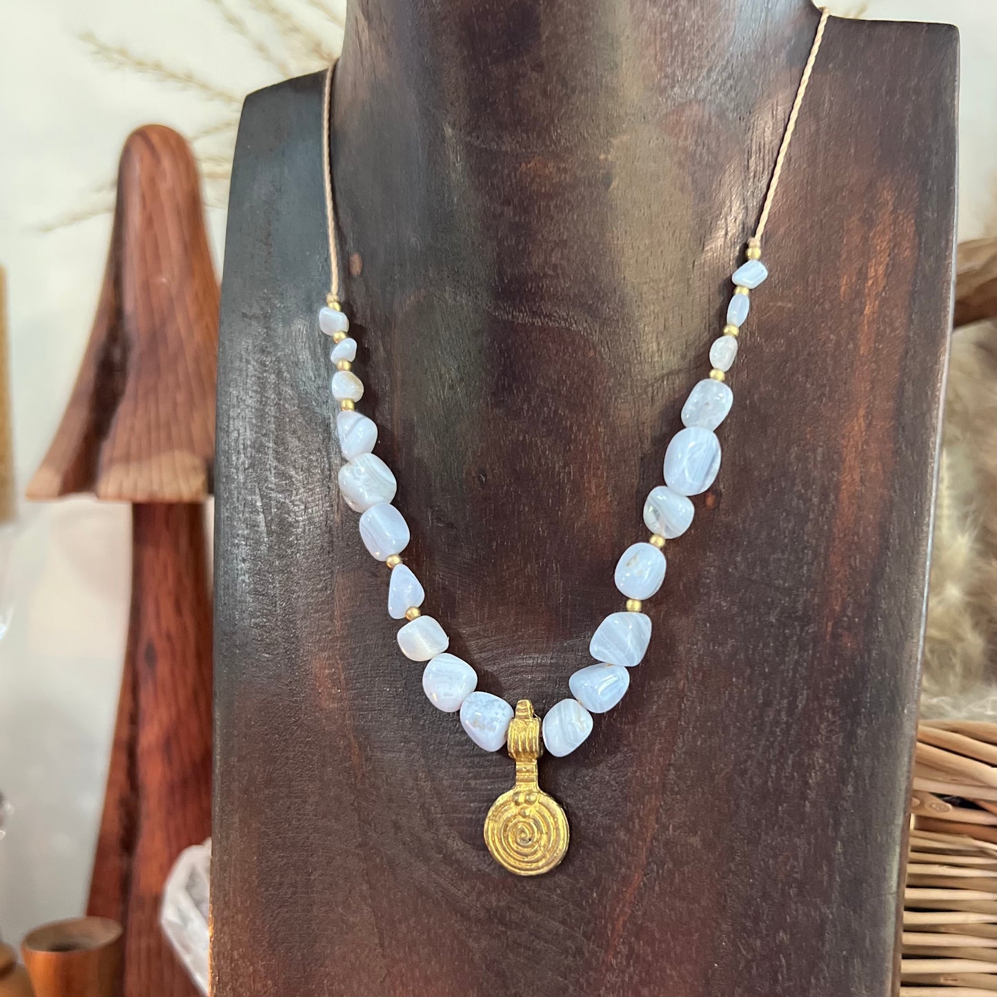 Blue Lace Agate & Brass Spiral of Life Crystal Layer Necklace