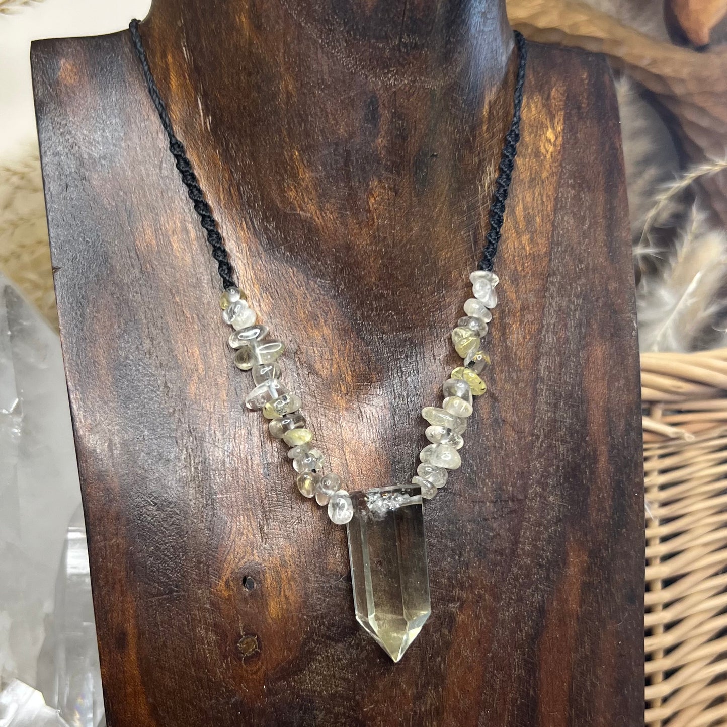 Brazilian Citrine with Rultilated Quartz Crystal Macrame Necklace/Talisman
