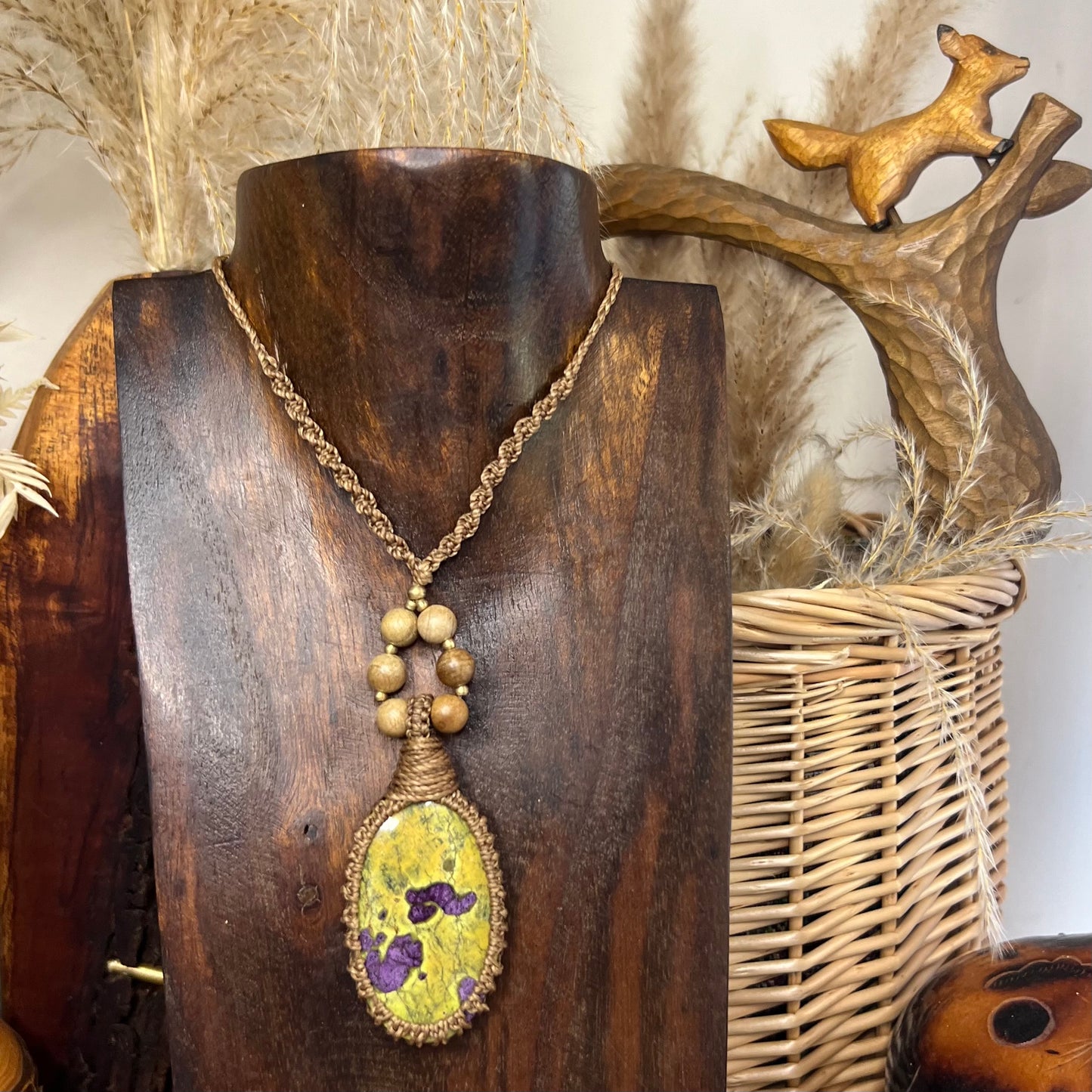 Tasmanian Atlantisite with Polished Wood & Brass Macrame Necklace