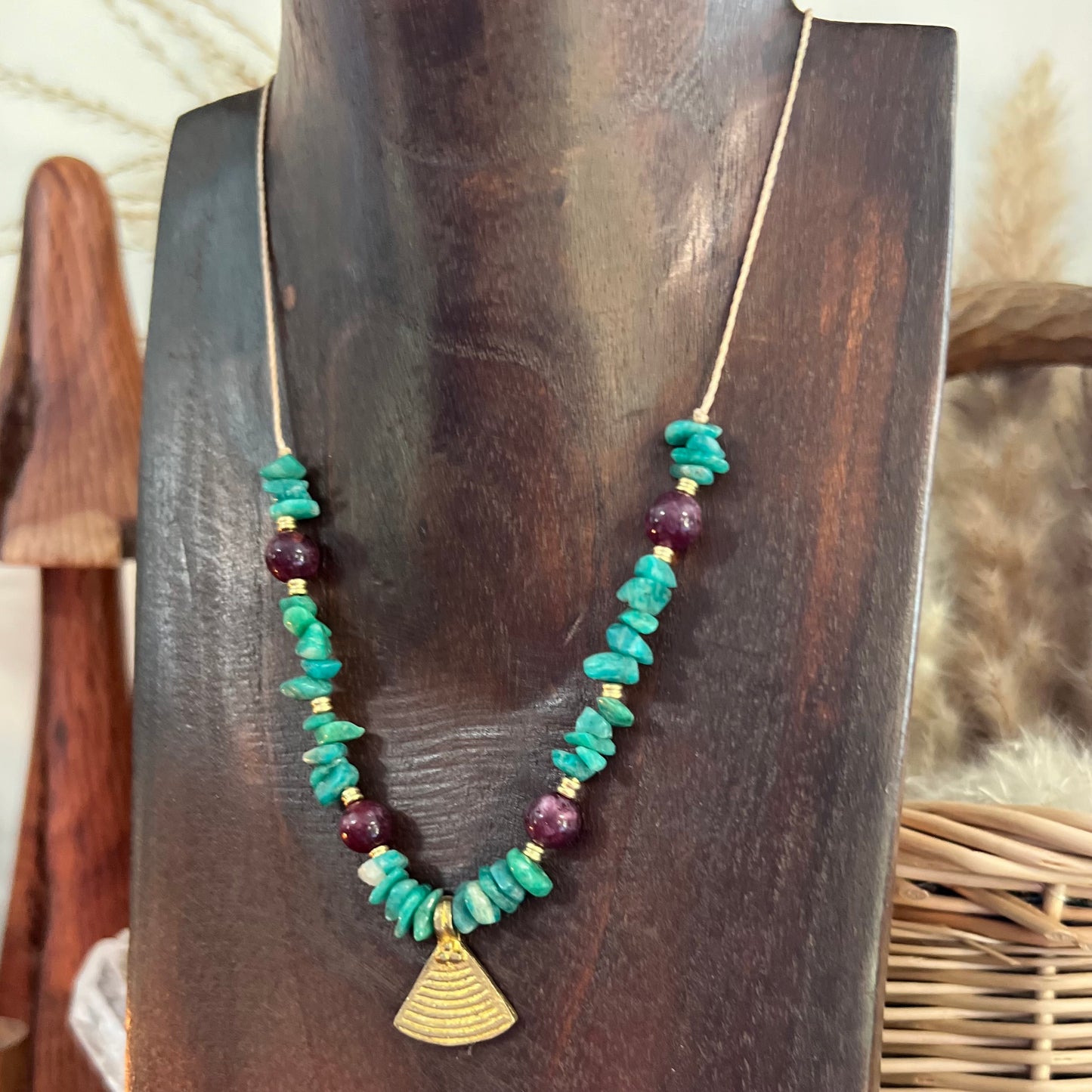 Amazonite & Dyed Agate with Brass charm Layer Crystal Necklace: