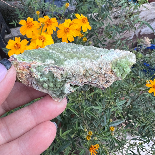 Mineral shelf edge with apple green Pyromorphite coating