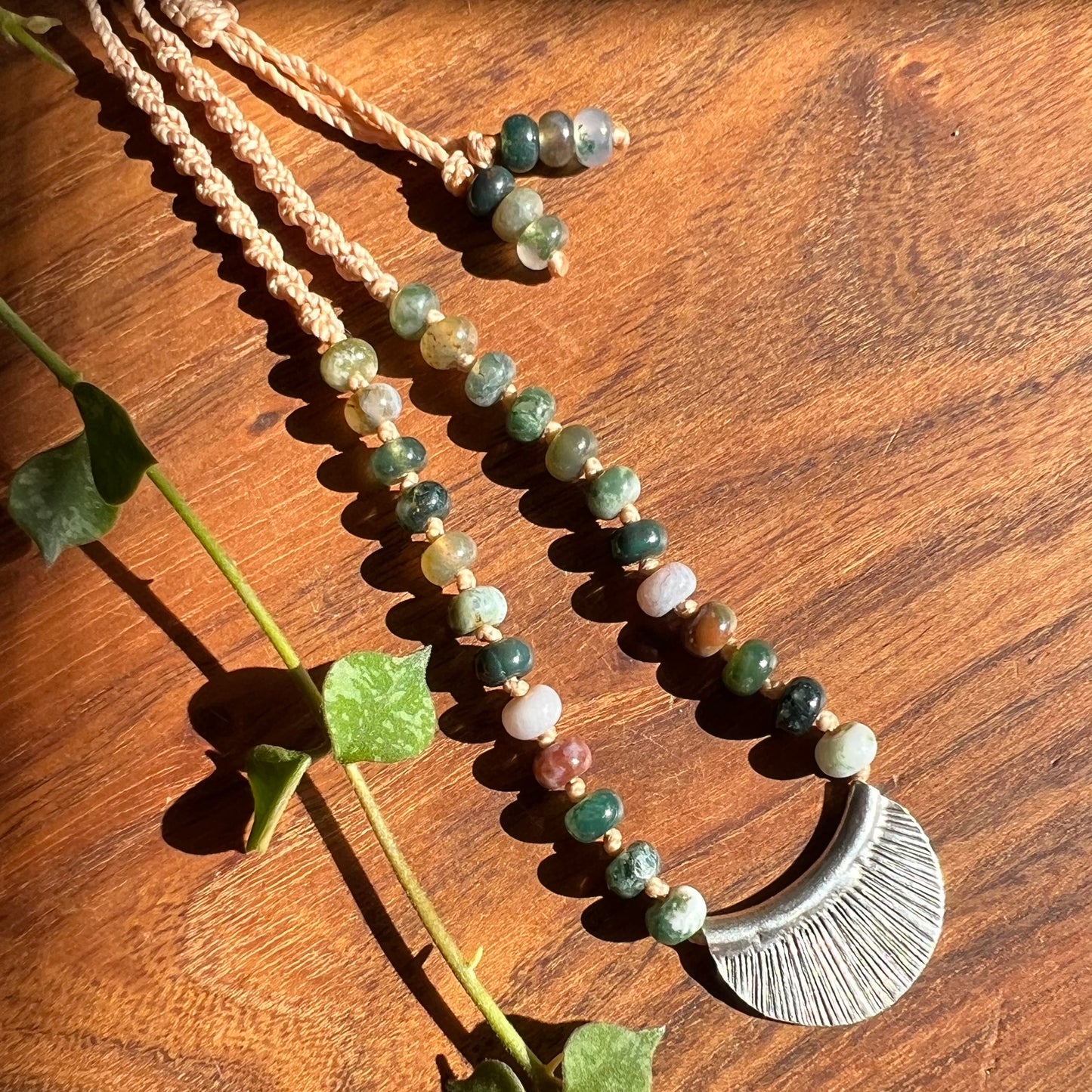 Moss Agate & Karen Hill Tribe Silver Pendant Macrame Necklace