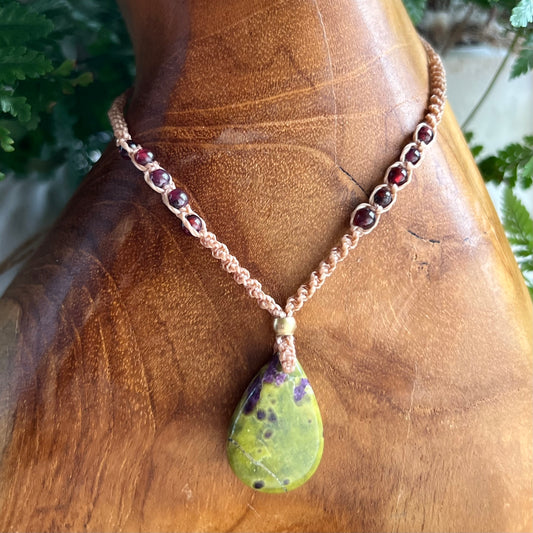 Atlantasite, Garnet & Brass Petite macrame Crystal Necklace