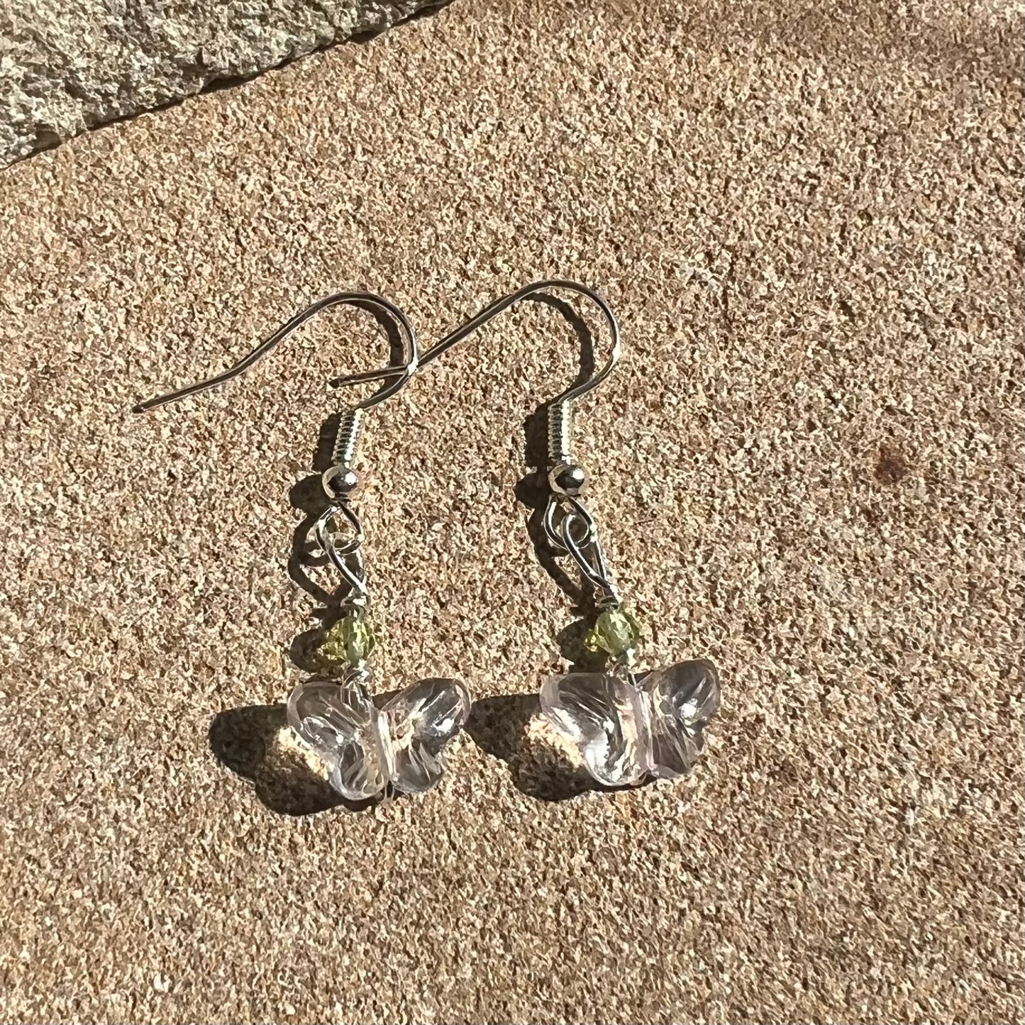 Clear Quartz Butterfly and Peridot Earrings