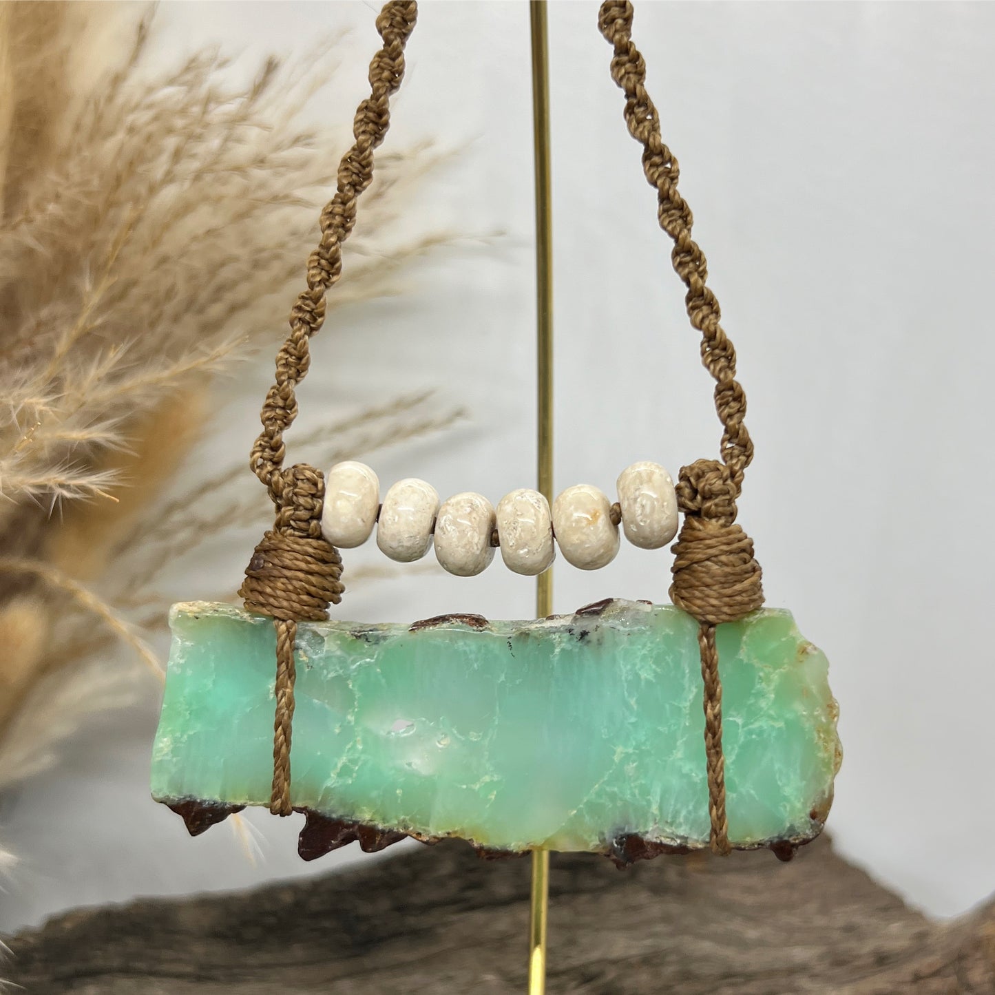 Chrysoprase and Fossilized Bone Taslisman Necklace