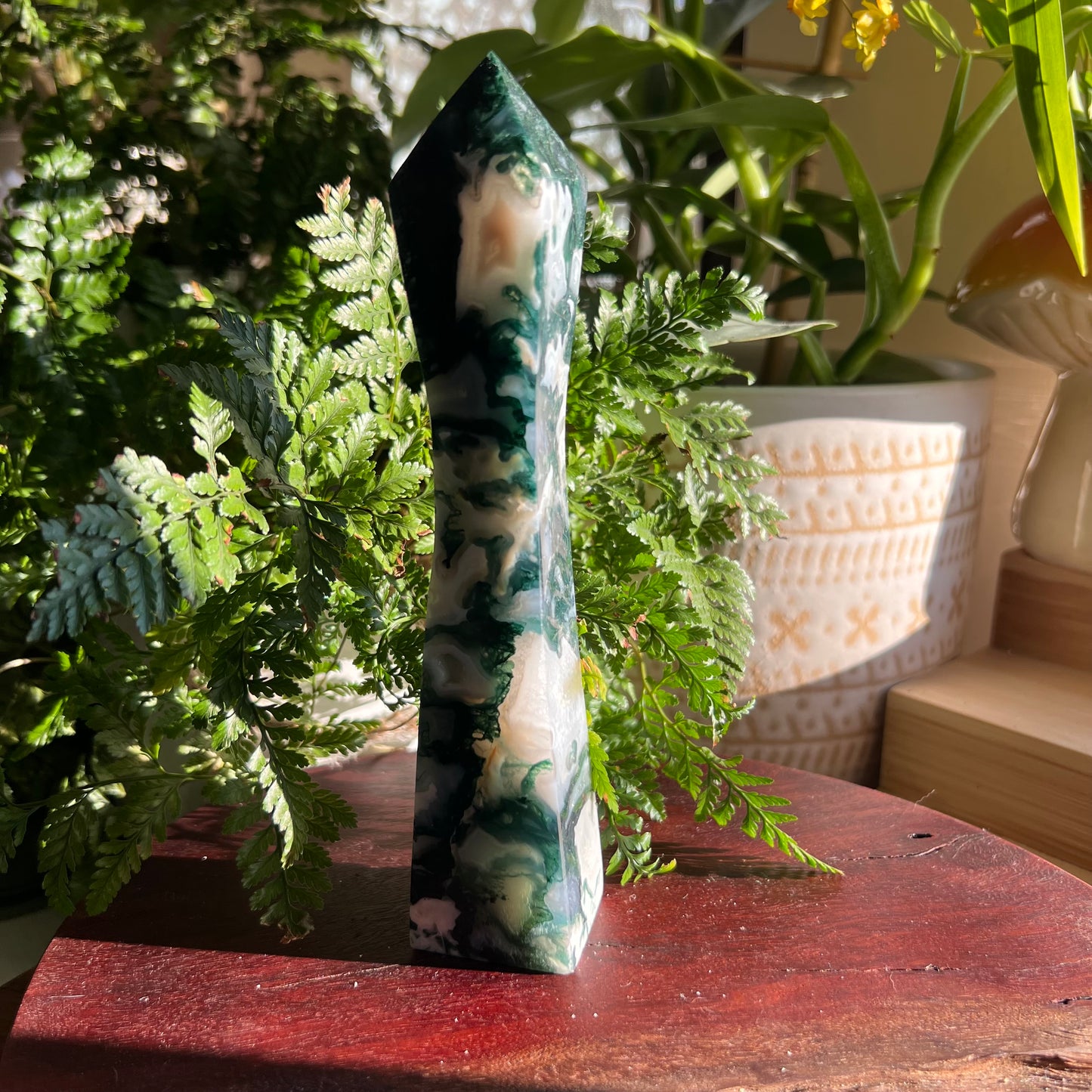 Moss Agate Canton Tower with sparkly druzy pockets