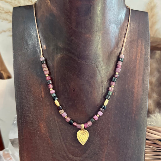 Black and Pink Tourmaline with Brass charm Crystal Necklace
