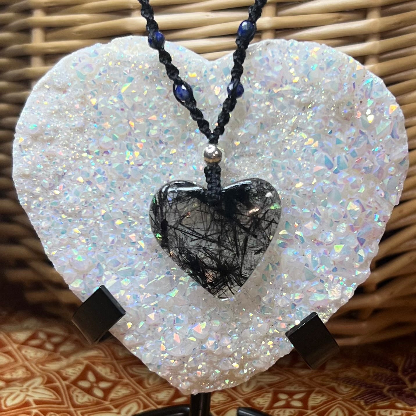Tourmaline included Quartz Heart with Lapis Lazuli Crystal Macrame Necklace