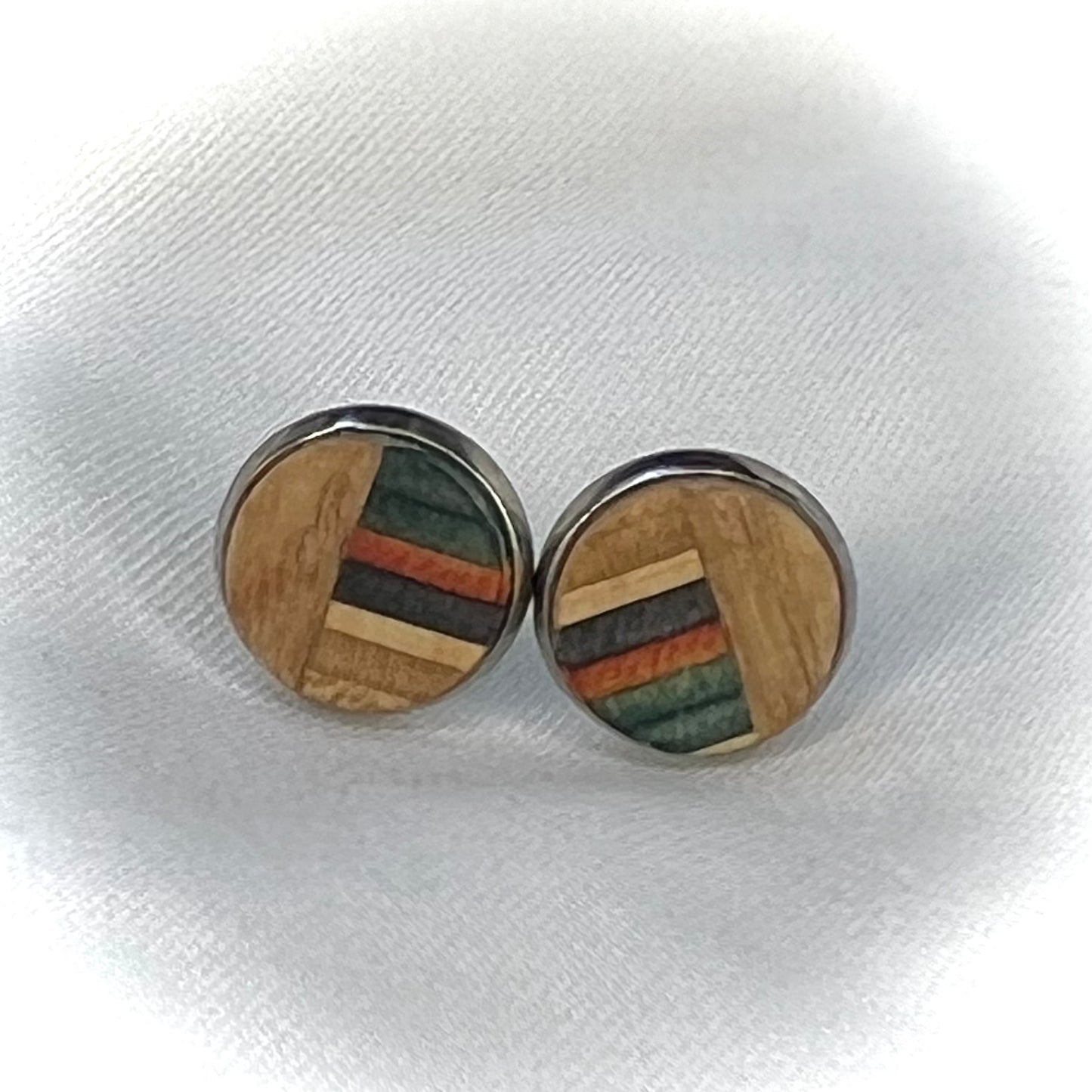 Upcycled Skateboard Timber Stud Earrings | Blue•Red•Black•Wood | by Addy’s Earrings
