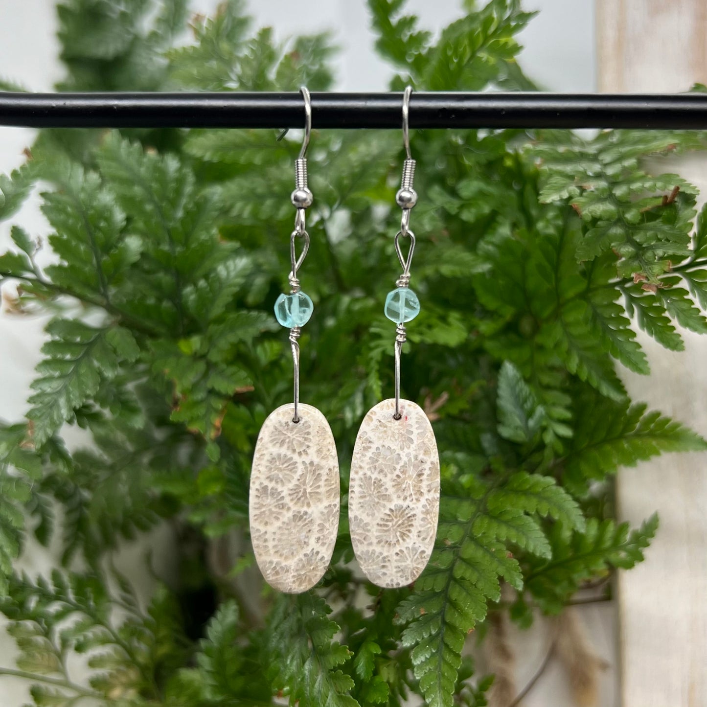 Fossilised Coral and Neon Apatite Crystal Earrings