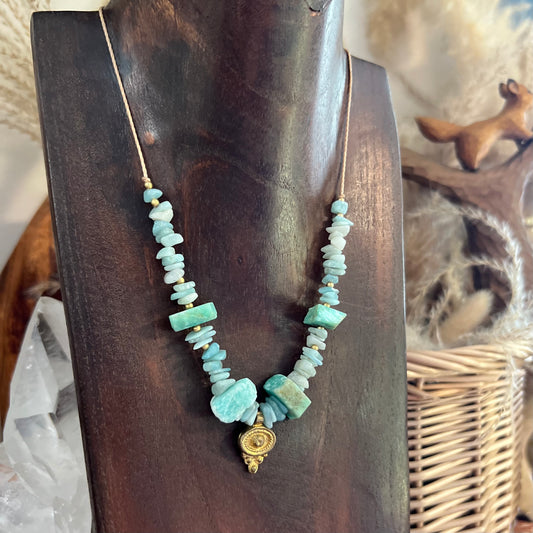 Amazonite with Brass charm Layer Crystal Necklace