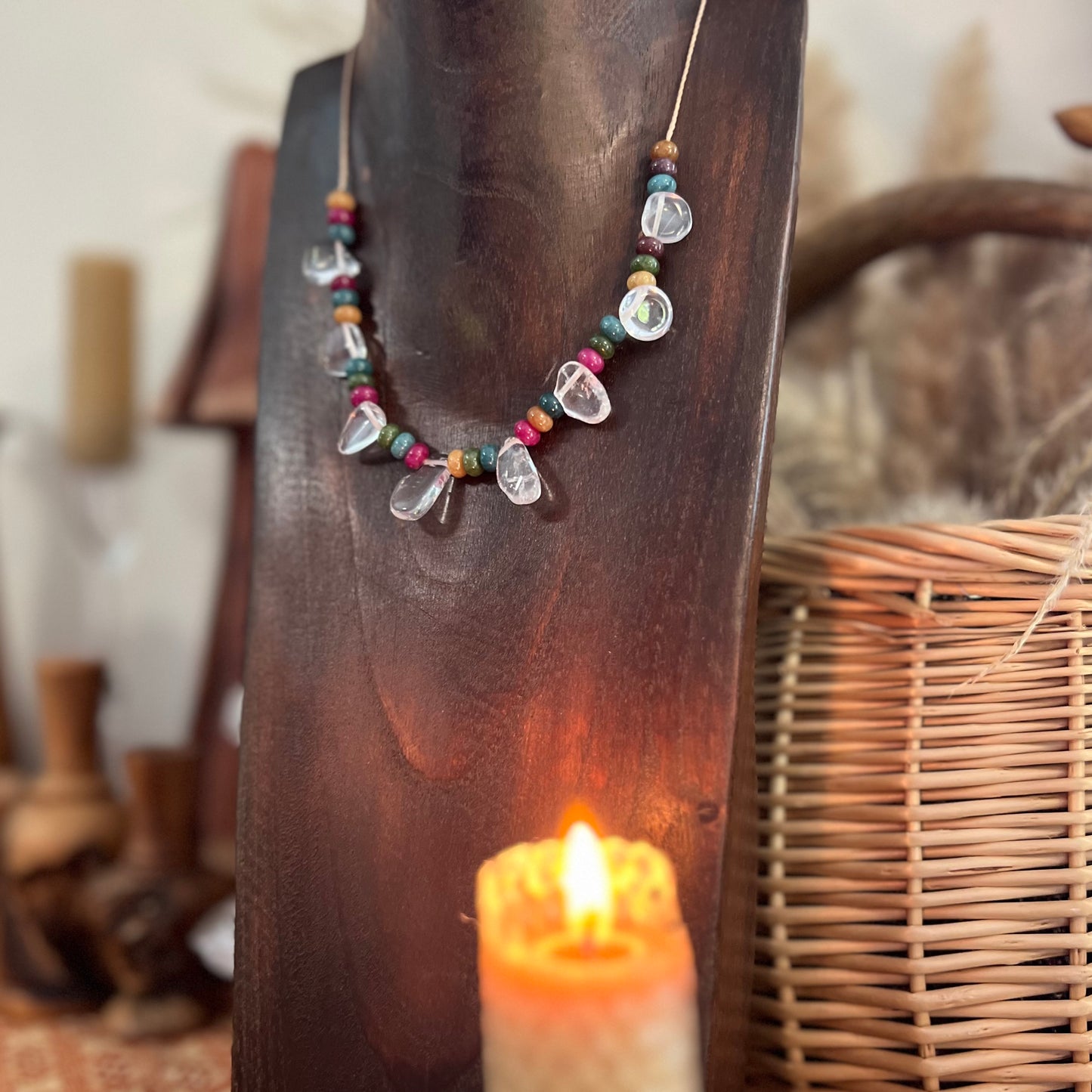 Dyed Agate, Clear Quartz & Brass Boho Crystal Macrame Necklace