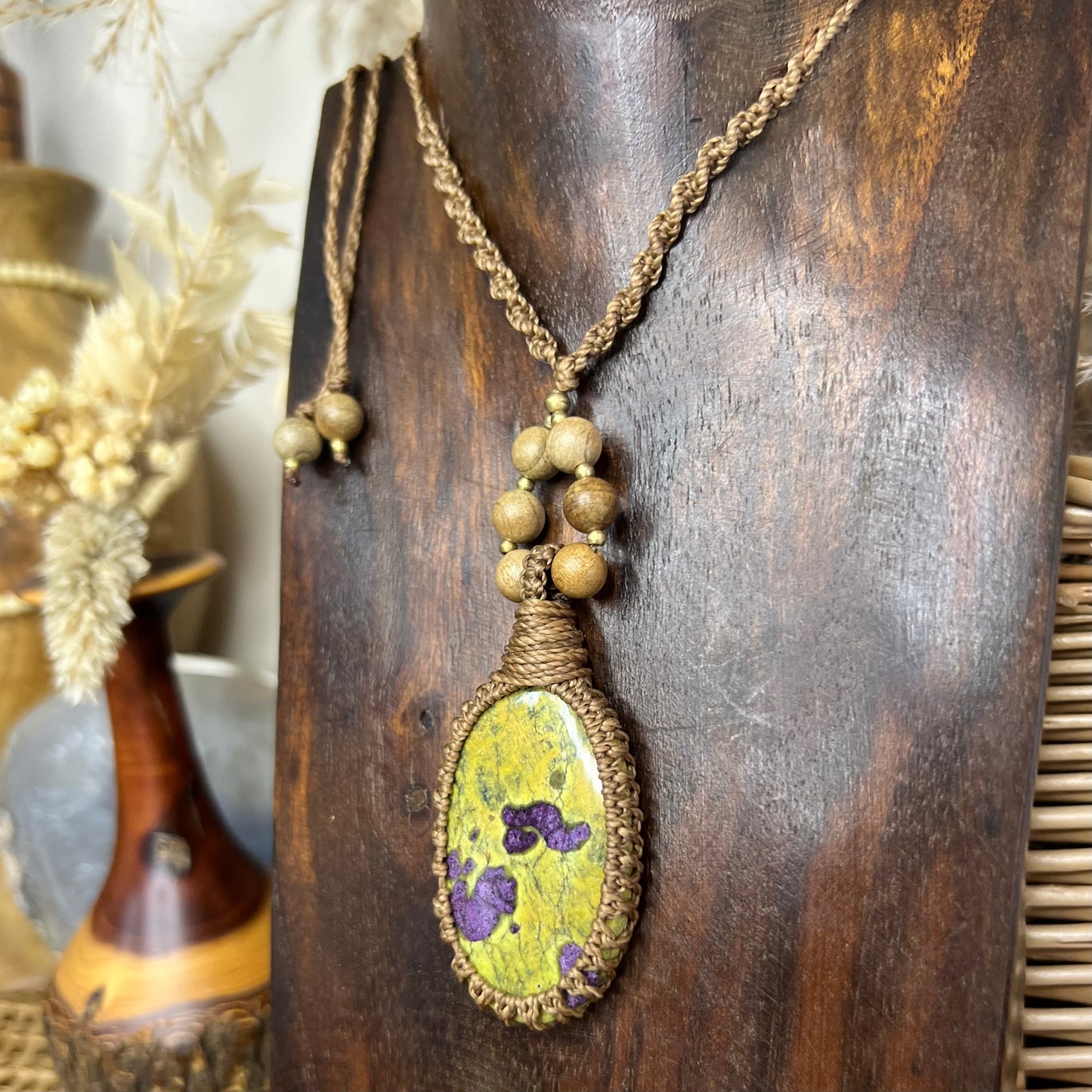Tasmanian Atlantisite with Polished Wood & Brass Macrame Necklace