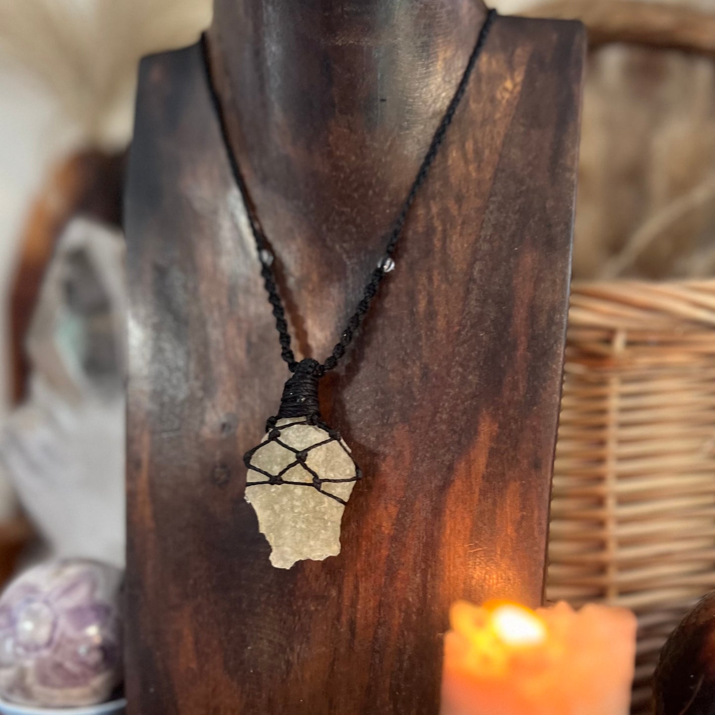 Libyan Desert Glass Tektite Crystal Macrame Talisman (iv)