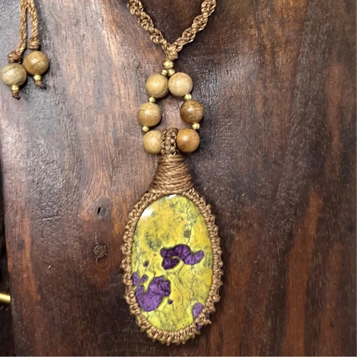 Tasmanian Atlantisite, Wood & Brass Macrame Necklace