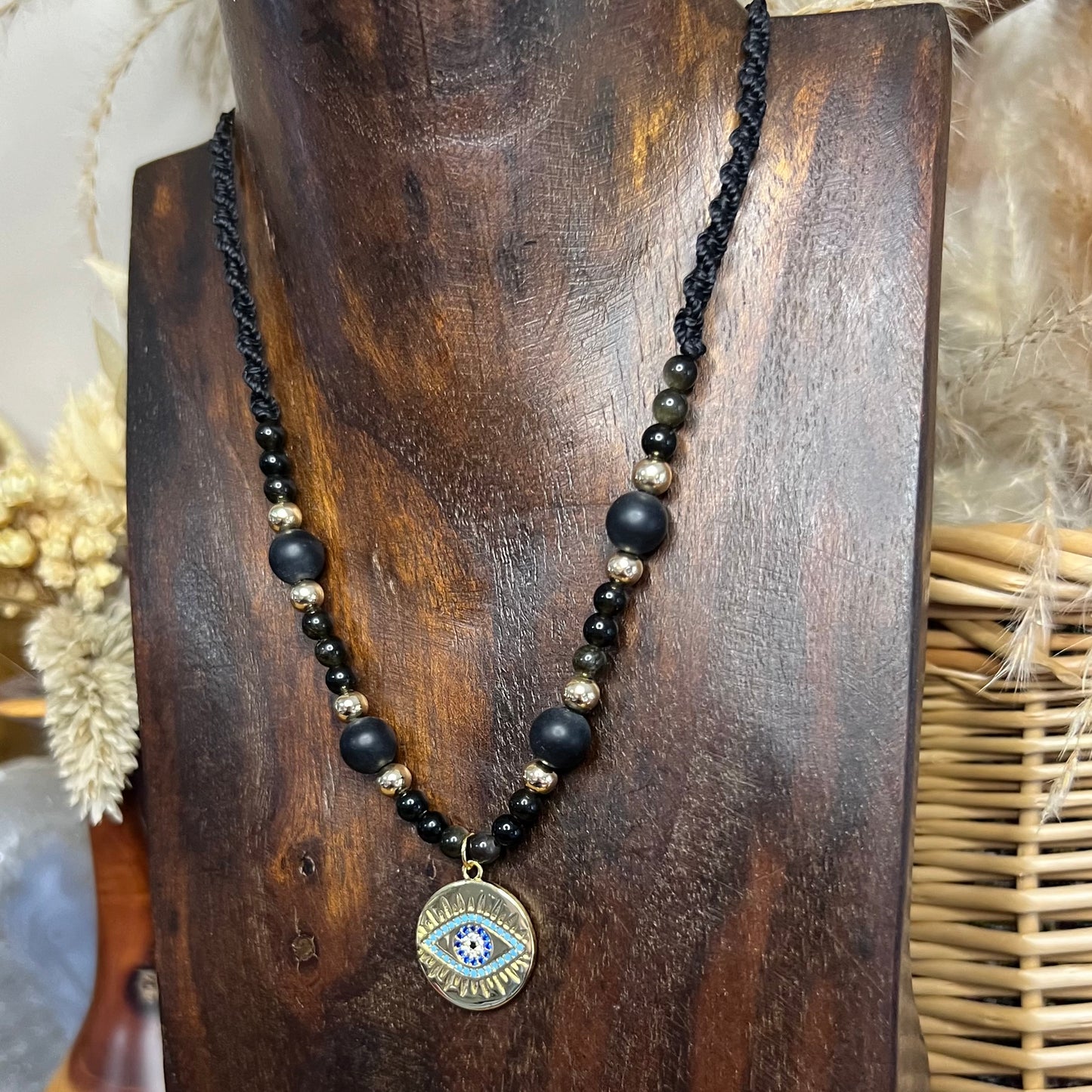 Obsidian and Onyx with Gold CZ Evil Eye Charm Crystal Necklace