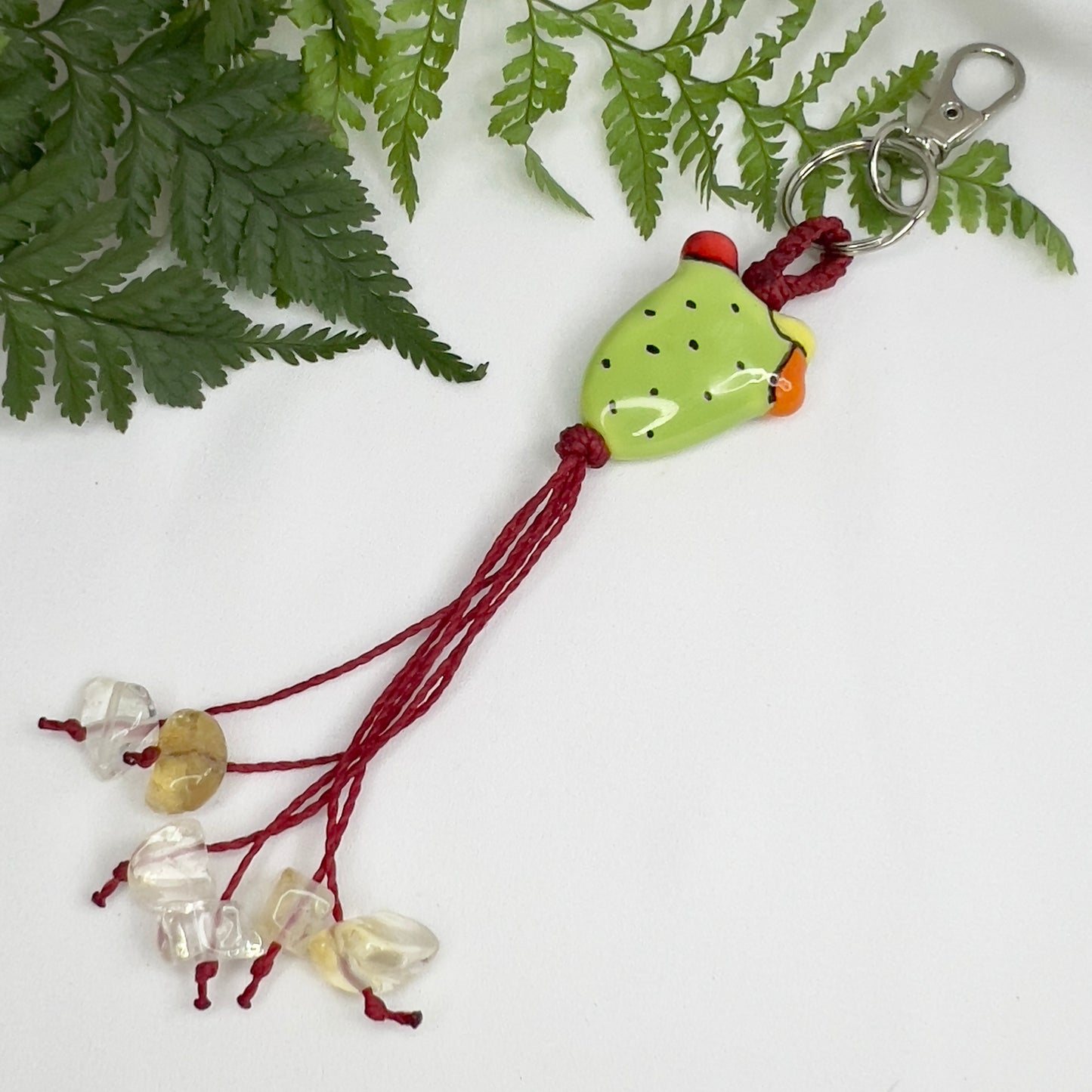 Ceramic Cactus & Crystal Macrame Keyring | Citrine Crystal Charm