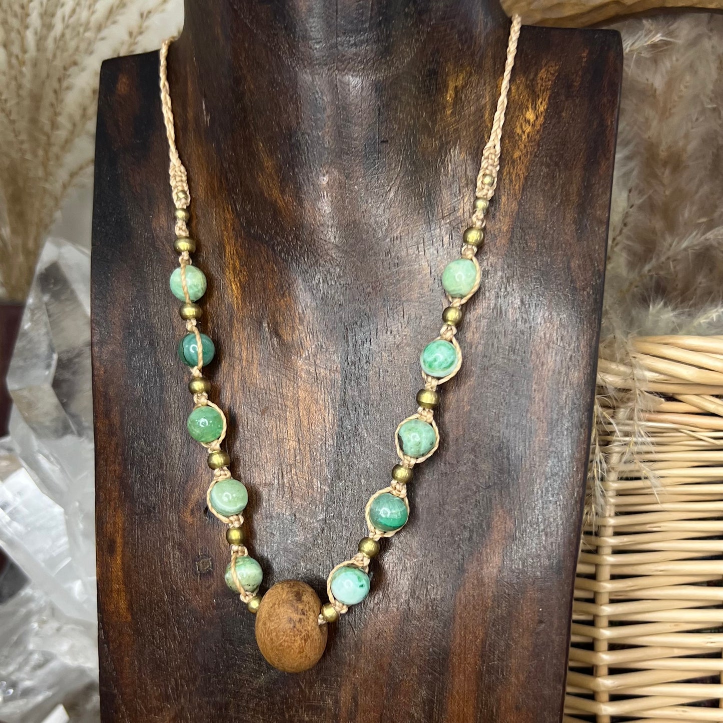 Agate Crystal Necklace with Natural Wood Pendant: Friendship | Positive Relationships