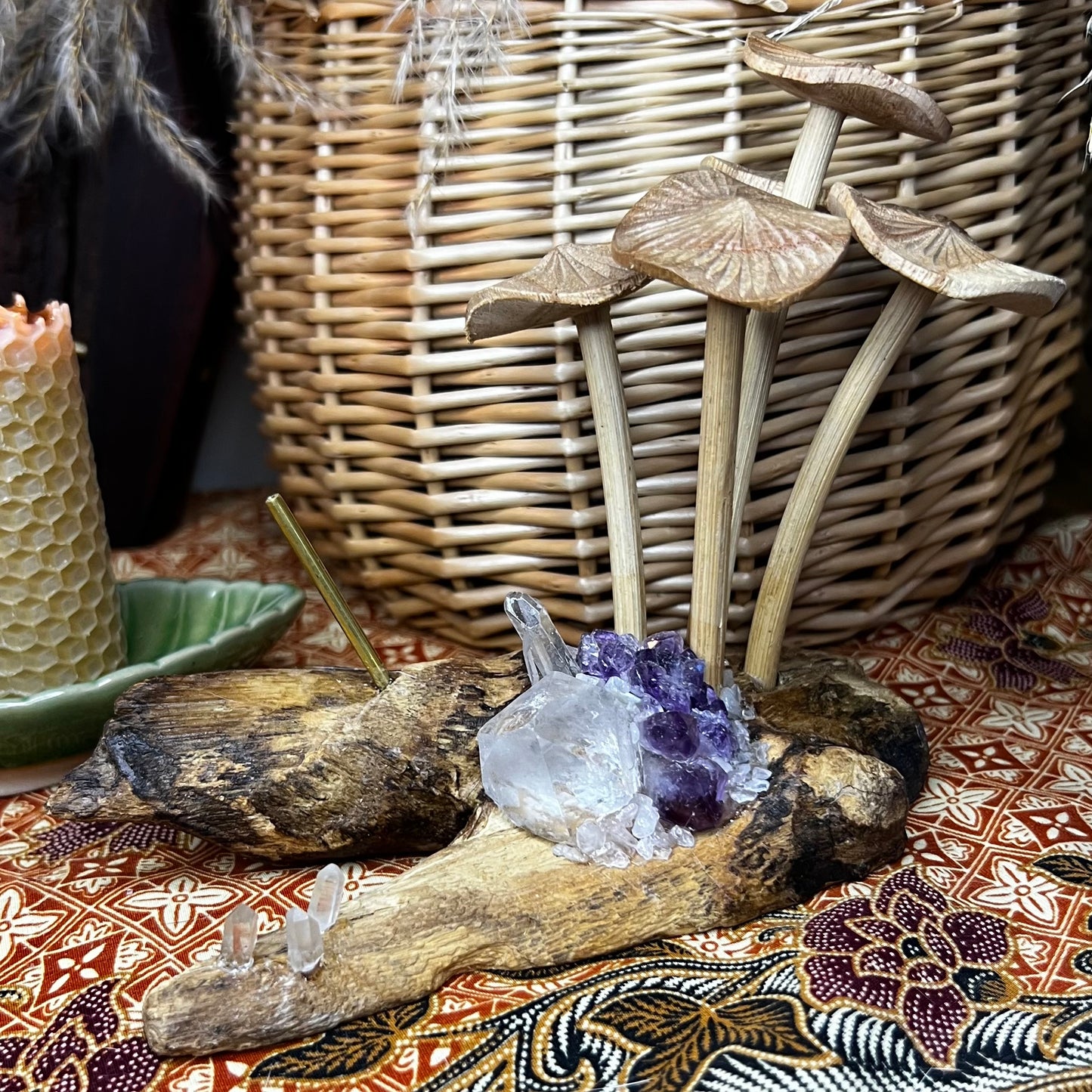 Bespoke Crystal & Wooden Burl Mushroom Incense Stick Holder - Amethyst | Quartz | Rose Quartz
