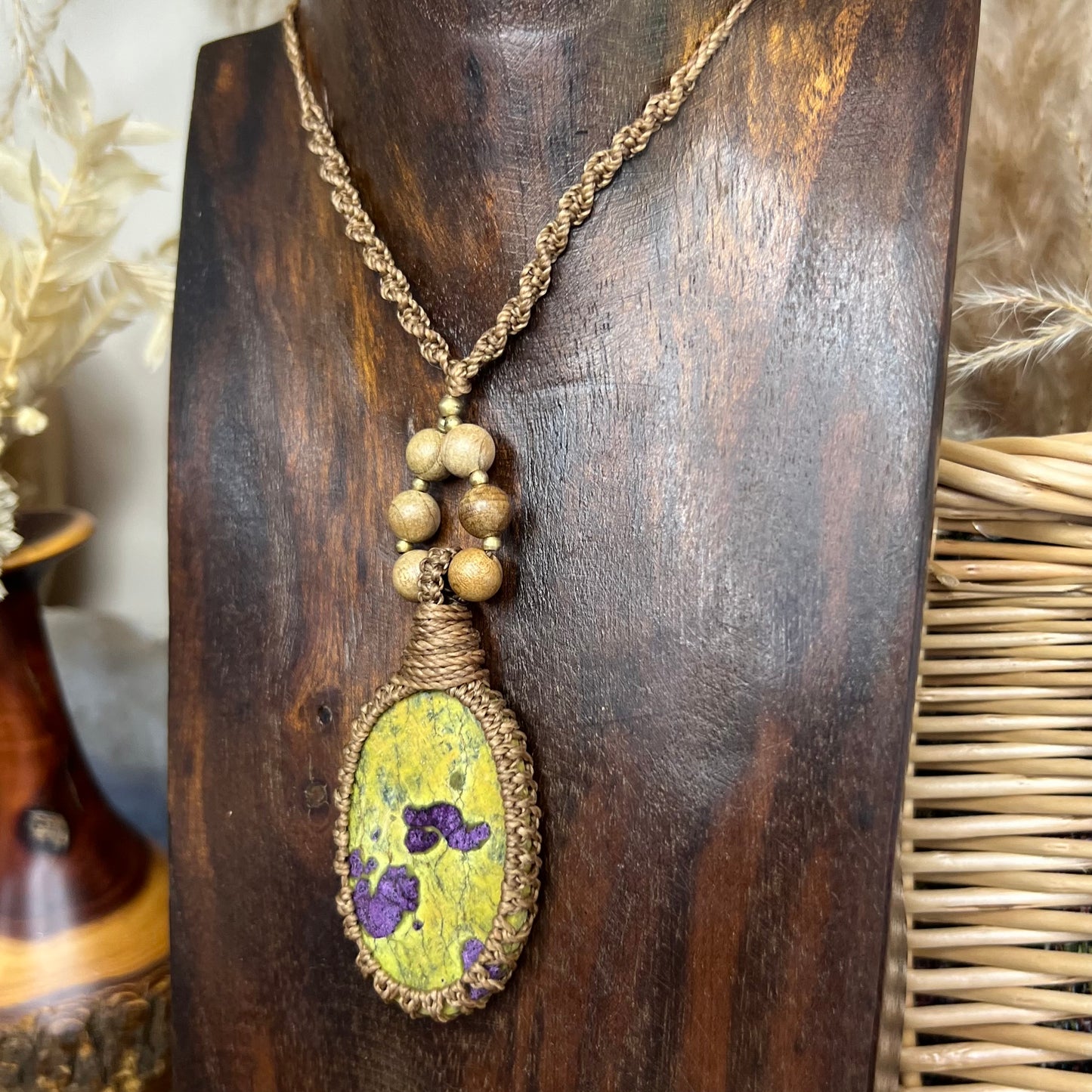 Tasmanian Atlantisite with Polished Wood & Brass Macrame Necklace