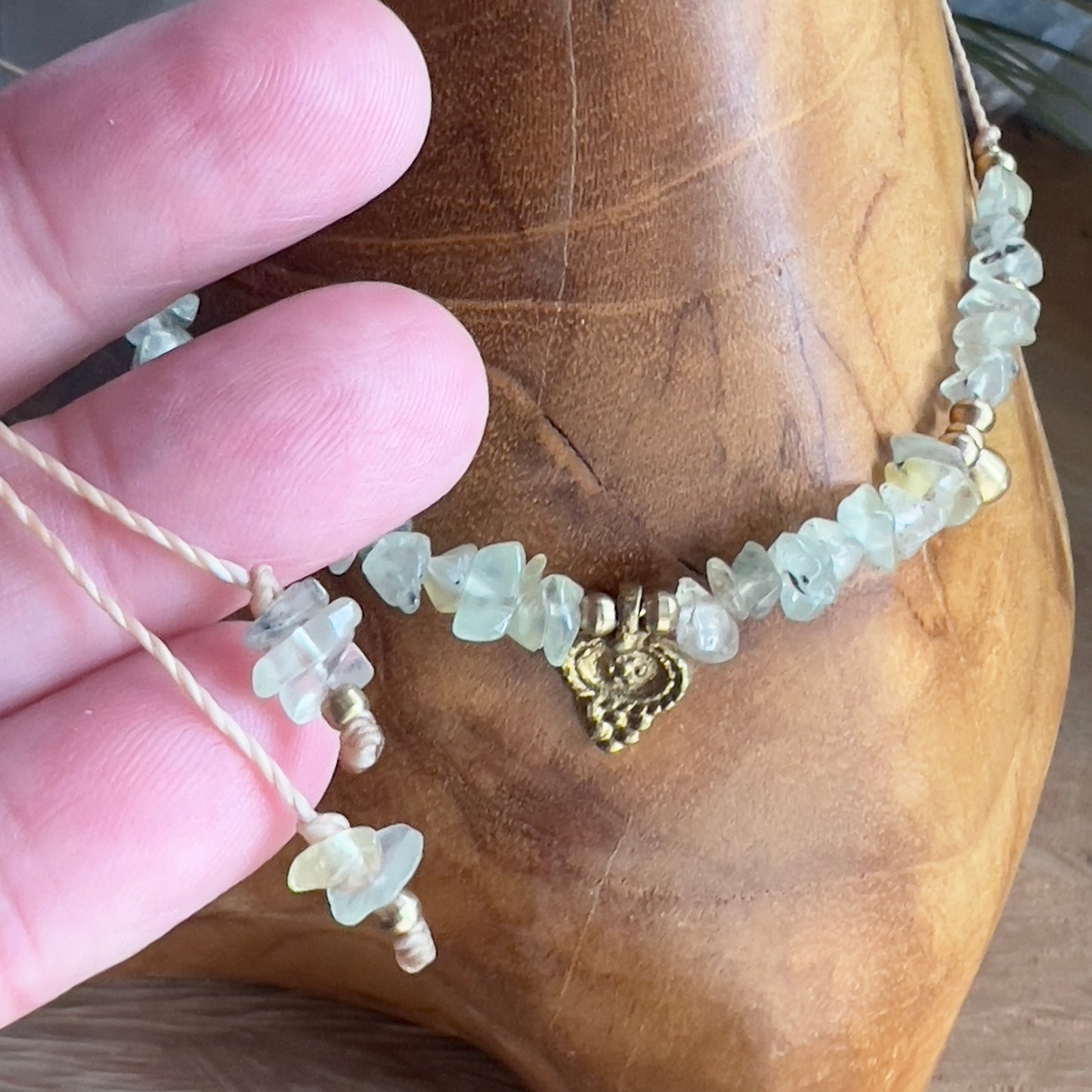 Prehnite with Epidote and Brass Charm Crystal Necklace