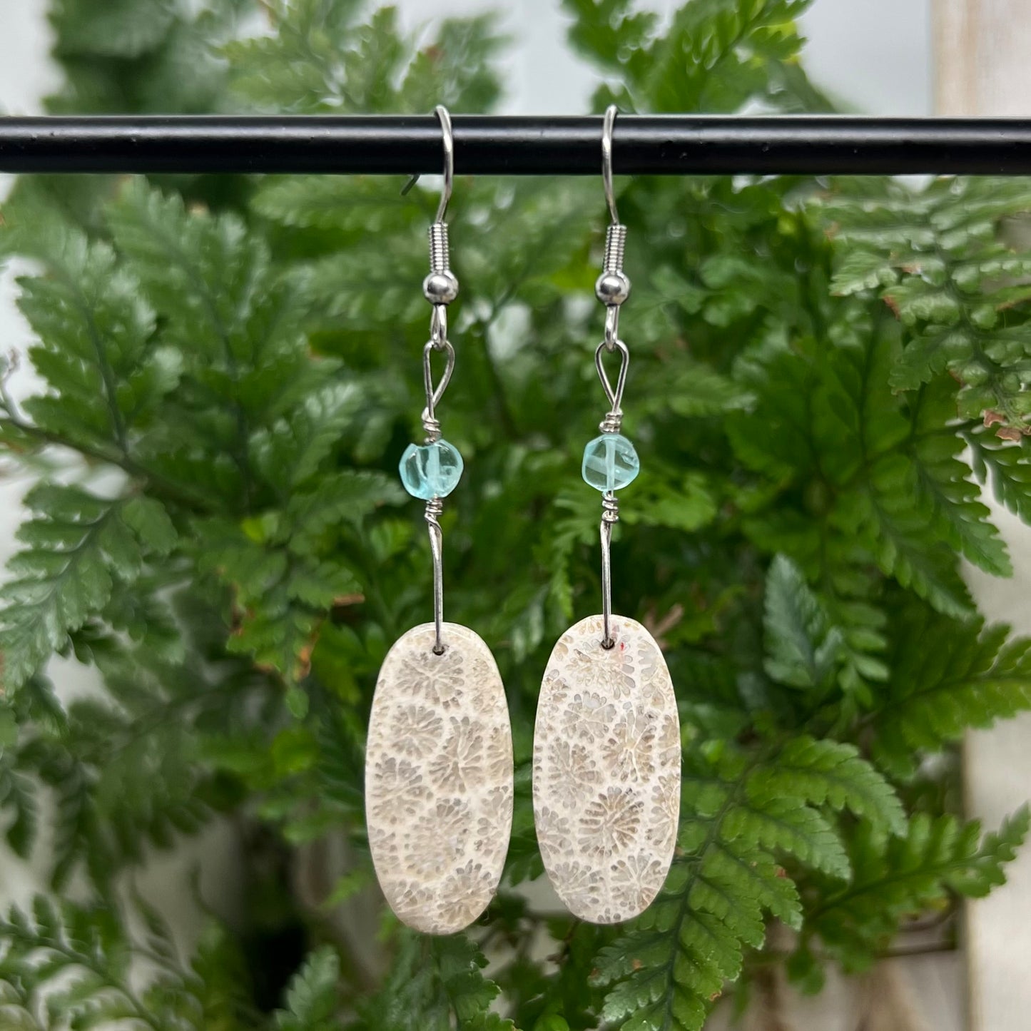 Fossilised Coral and Neon Apatite Crystal Earrings