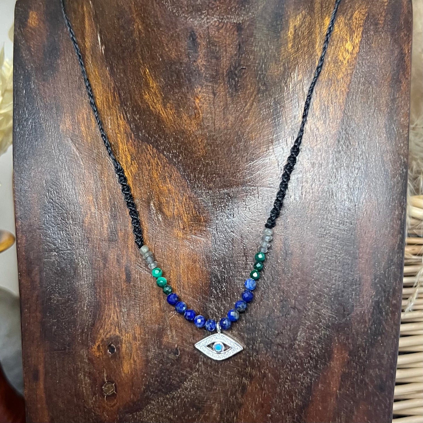 Silver CZ Evil Eye Talisman with Lapis, Malachite, Labradorite Crystal Necklace