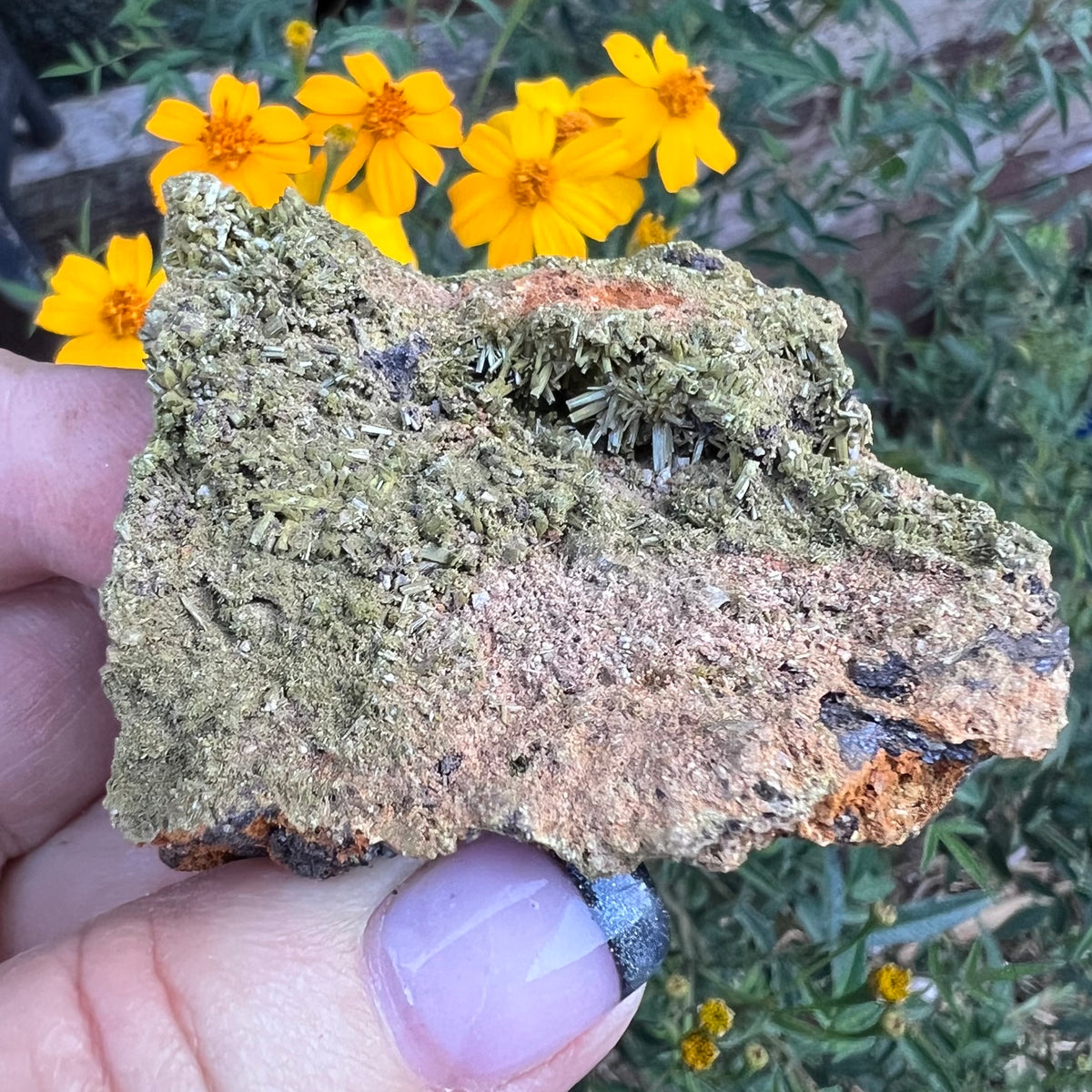 A hand holding a natural mineral specimen with green mossy texture and crystalline formations, with yellow flowers and green foliage blurred in the background.