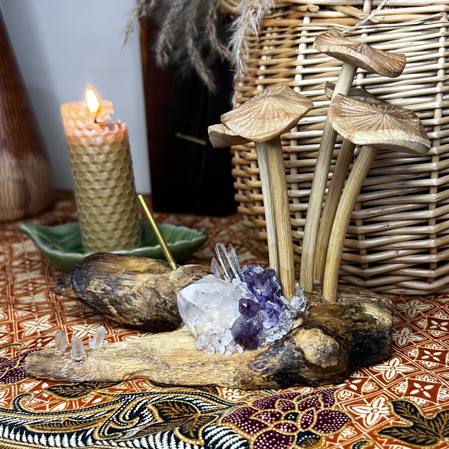 Bespoke Crystal & Wooden Burl Mushroom Incense Stick Holder - Amethyst | Quartz | Rose Quartz