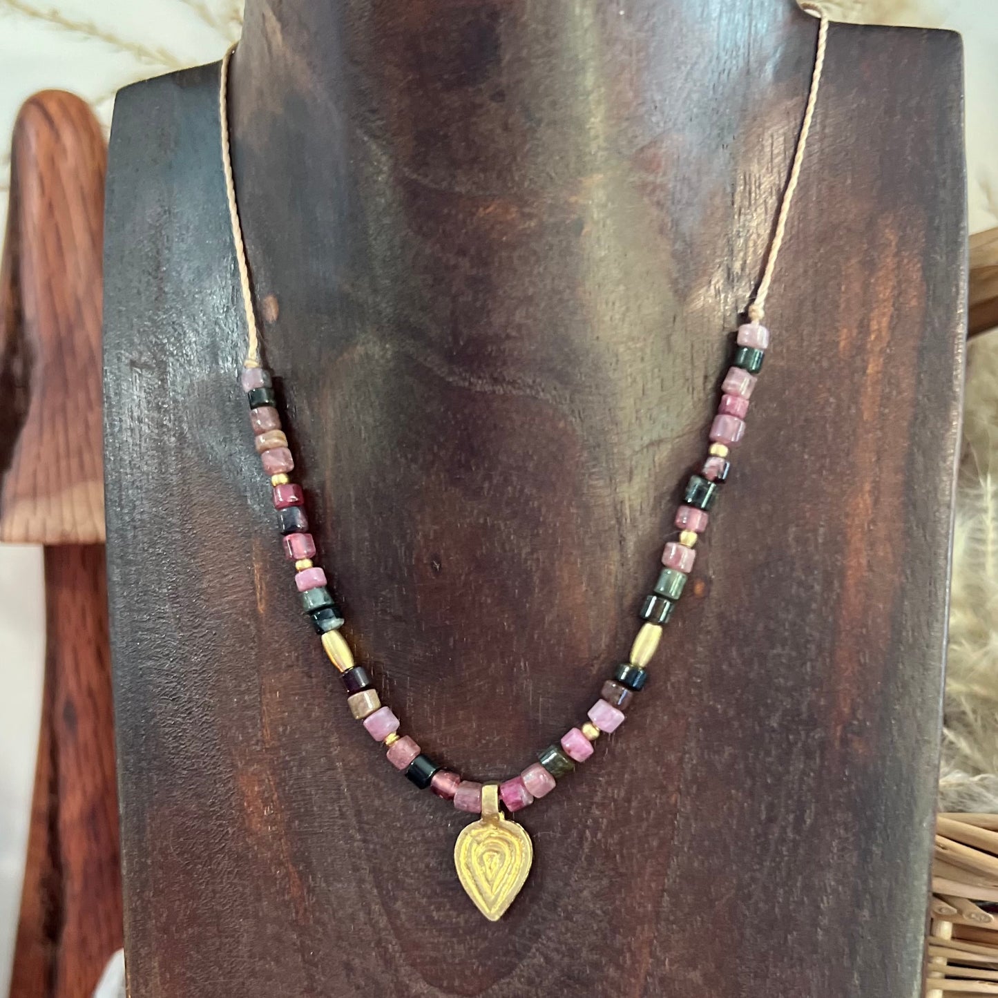 Black and Pink Tourmaline with Brass charm Crystal Necklace