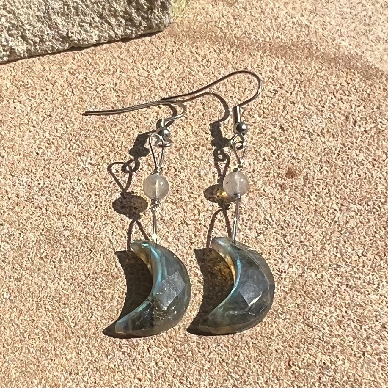 Flashy Labradorite Crescent Moon Crystal Earrings